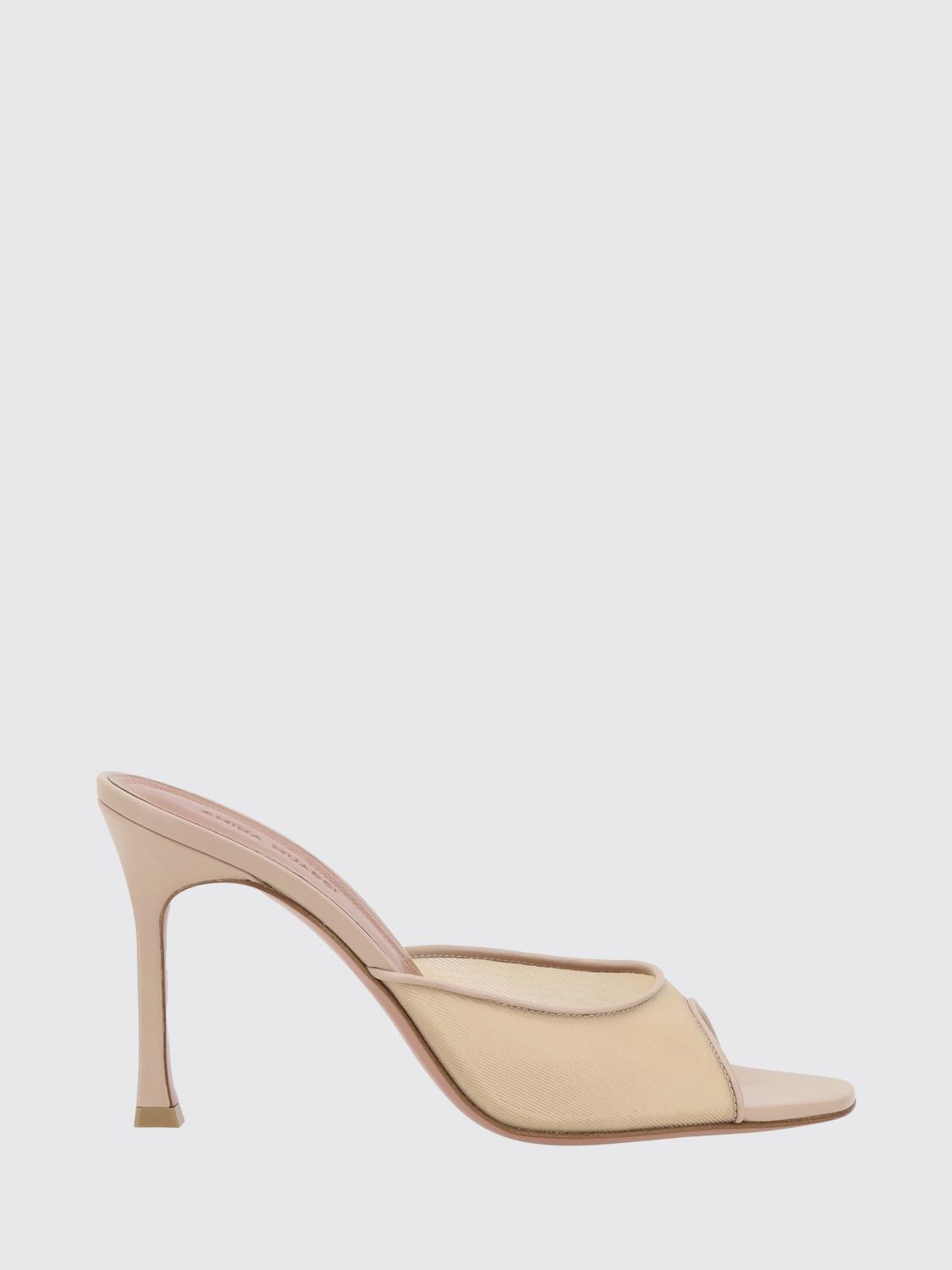 AMINA MUADDI SANDALEN MIT ABSATZ: Alexa Amina Muaddi Mules aus Leder und Mesh-Nylon, Beige - Img 1