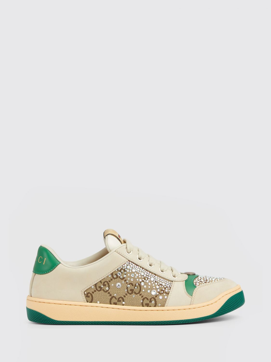 GUCCI SNEAKERS: Sneakers Screener Gucci in pelle e canvas con monogram GG jacquard e strass , Beige - Img 1