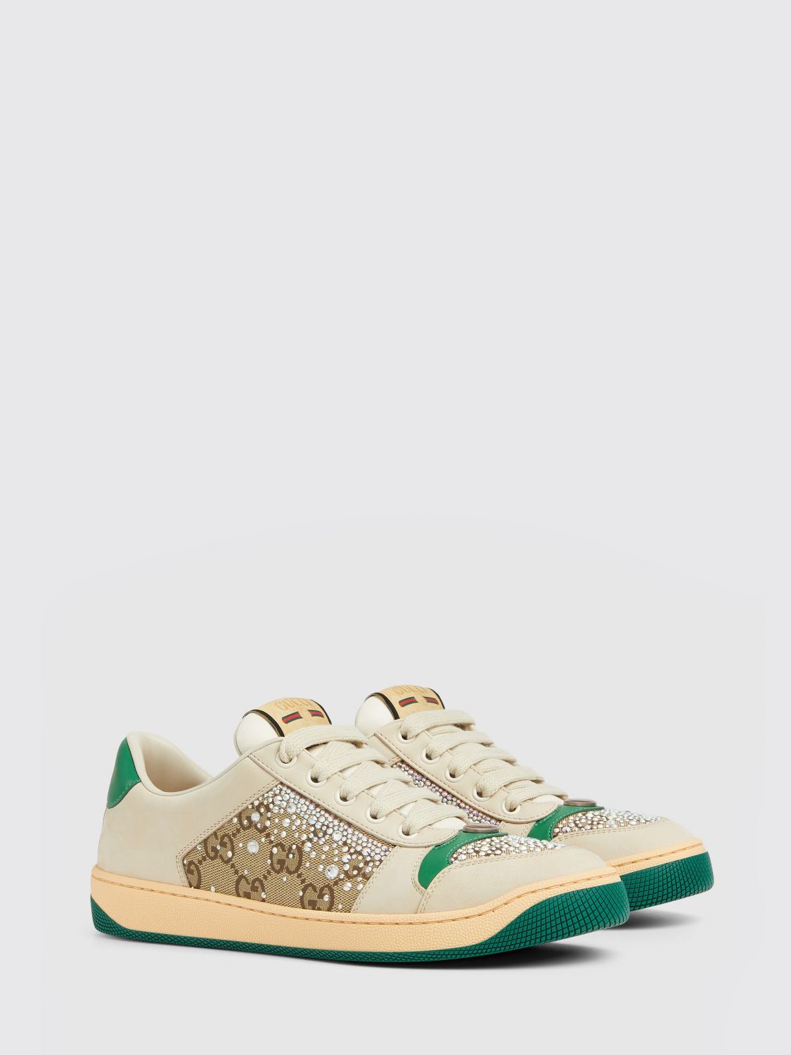 GUCCI SNEAKERS: Sneakers Screener Gucci in pelle e canvas con monogram GG jacquard e strass , Beige - Img 2