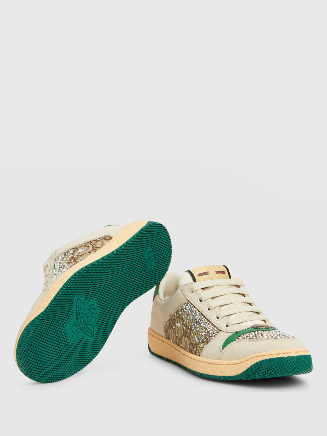 GUCCI SNEAKERS: Sneakers Screener Gucci in pelle e canvas con monogram GG jacquard e strass , Beige - Img 4