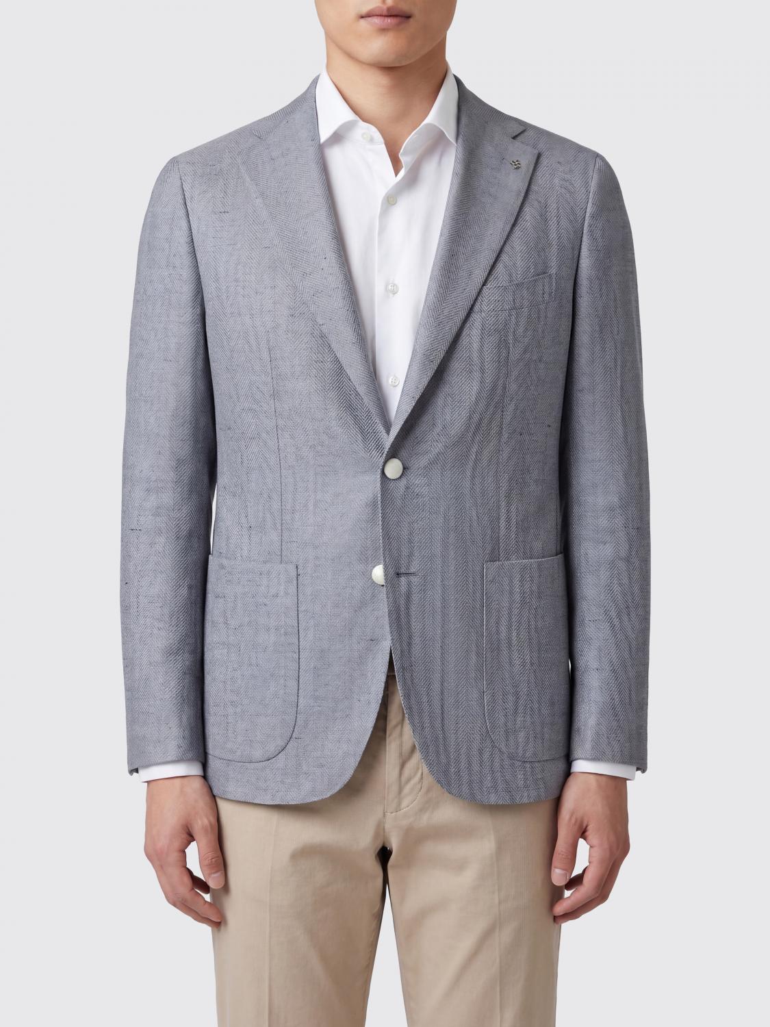 TAGLIATORE JACKET: Tagliatore Single-Breasted Cotton and Linen Blazer, Grey - Img 1