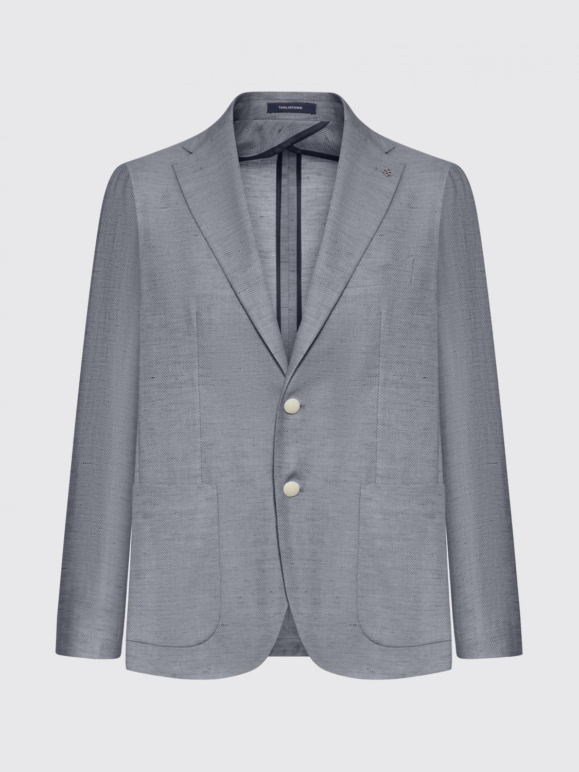 TAGLIATORE JACKET: Tagliatore Single-Breasted Cotton and Linen Blazer, Grey - Img 2