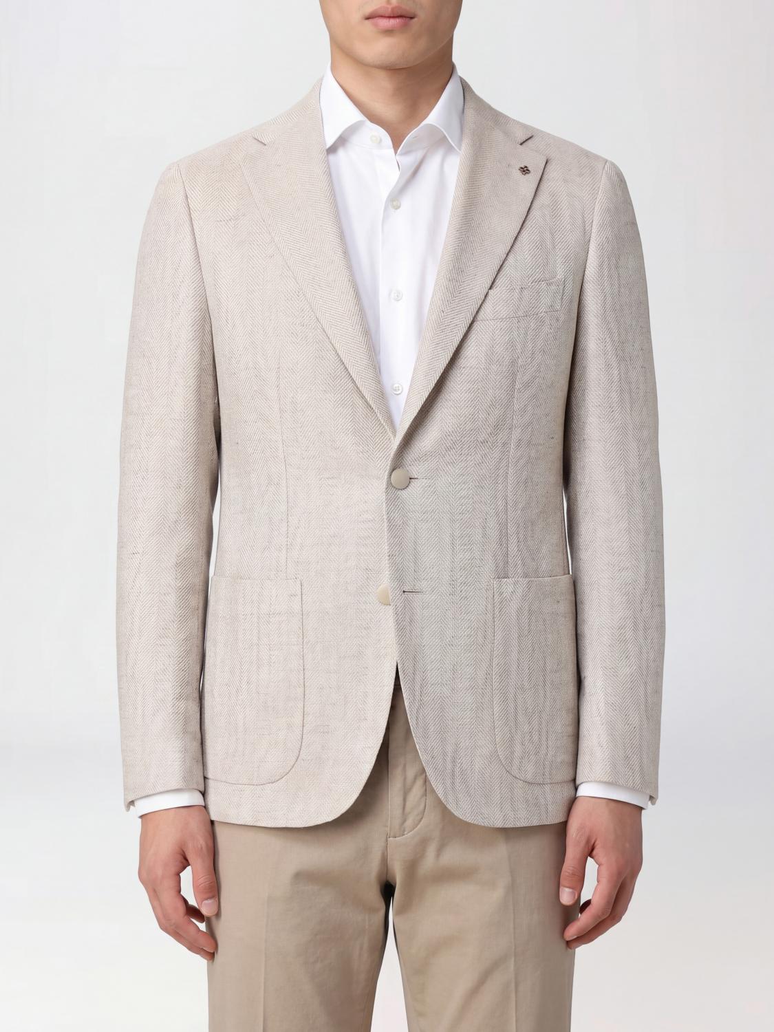 TAGLIATORE JACKET: Tagliatore Single-Breasted Cotton and Linen Blazer, Brown - Img 1