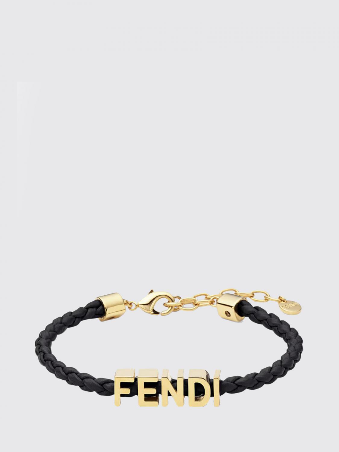 FENDI GIOIELLO: Bracciale Fendigraphy Fendi in pelle intrecciata ed ottone, Nero - Img 1