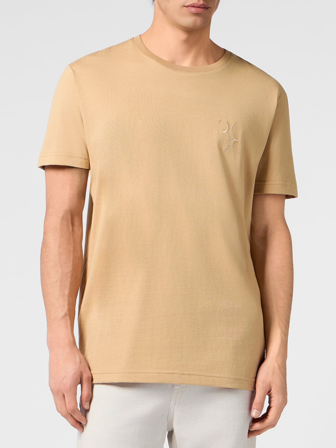 BILLIONAIRE CAMISETA: Camiseta Billionaire de algodón con cuello redondo y logo bordado tono sobre tono, Beige - Img 1