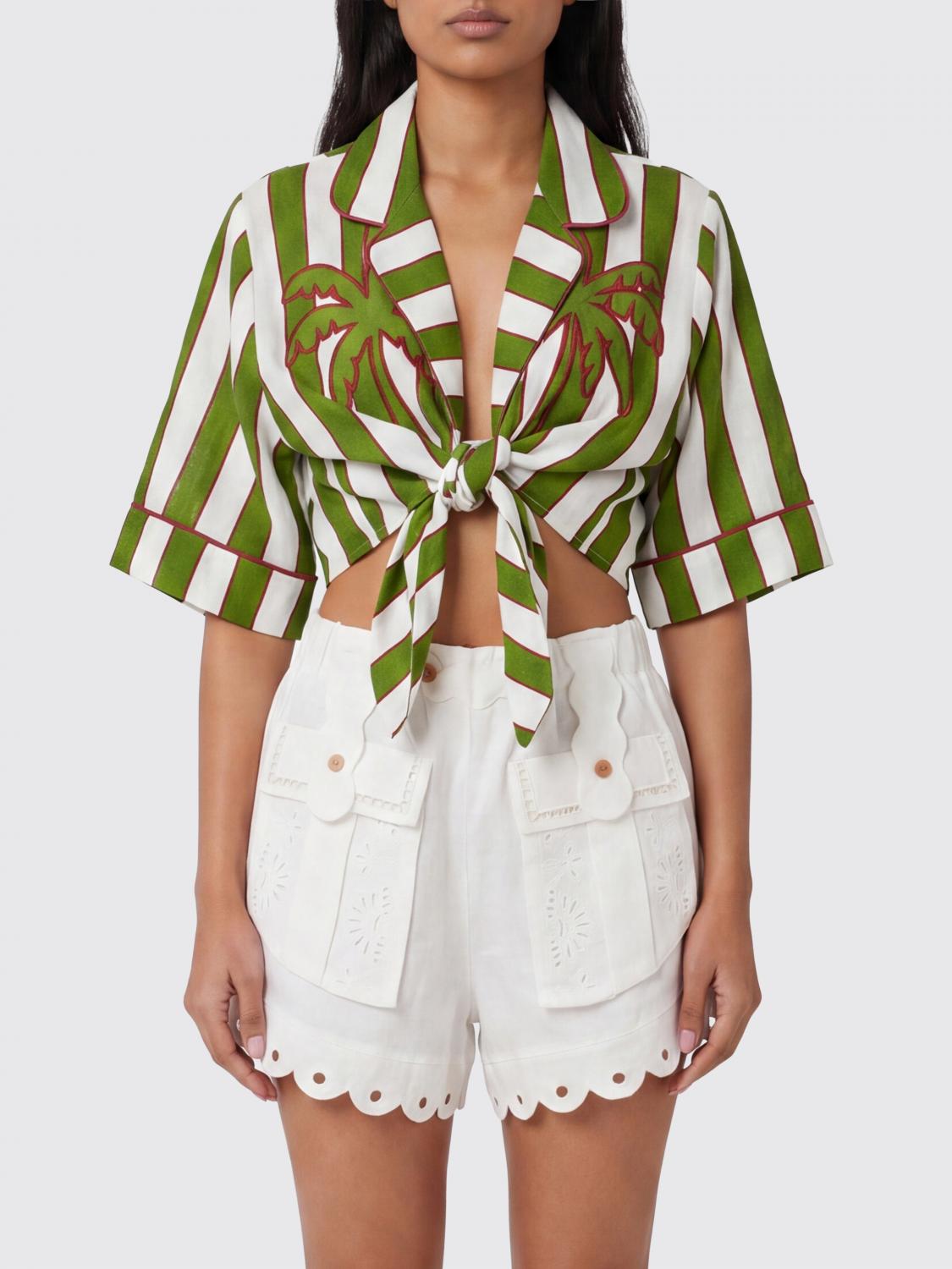 FARM RIO CAMICIA: Camicia cropped Farm Rio in lino con stampa grafica e chiusura da annodare, Verde - Img 1