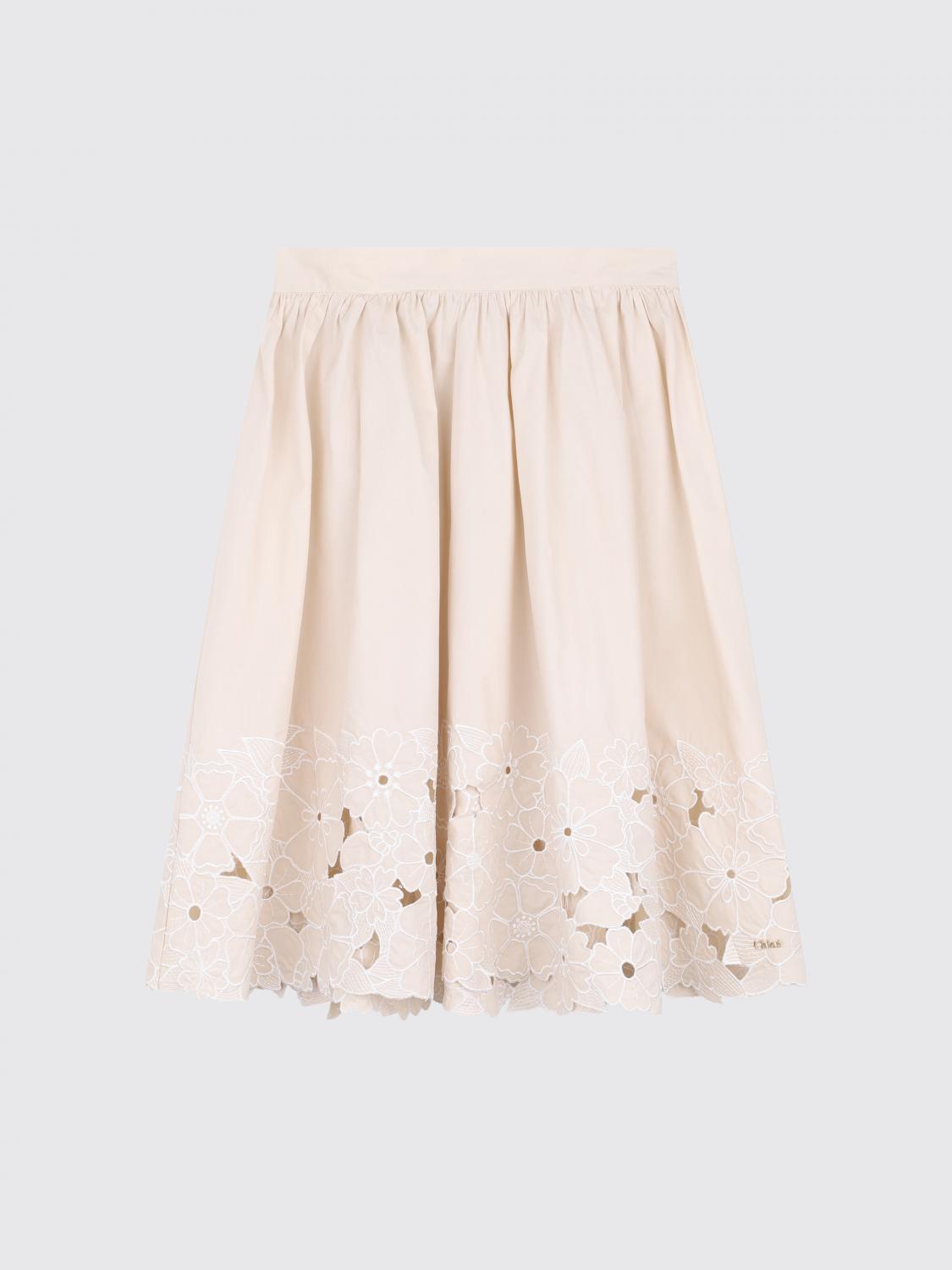 CHLOÉ ROCK: Bestickter Chloé Midi-Rock aus Baumwolle für Mädchen mit elastischem Bund, Pink - Img 1