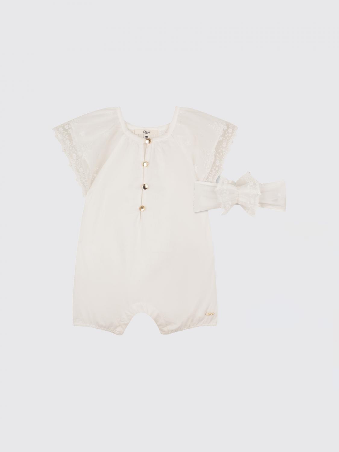 CHLOÉ ENSEMBLE: Ensemble 2 pièces Chloé en coton pour fille avec empiècements en dentelle, Blanc - Img 1