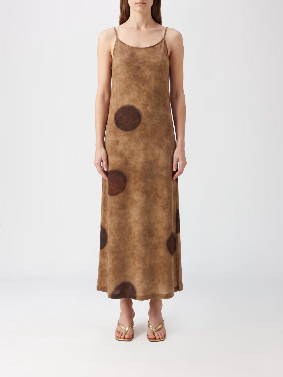 UMA WANG ABITO: Abito sottoveste midi Uma Wang in cupro a pois con spalline sottili, Beige - Img 1