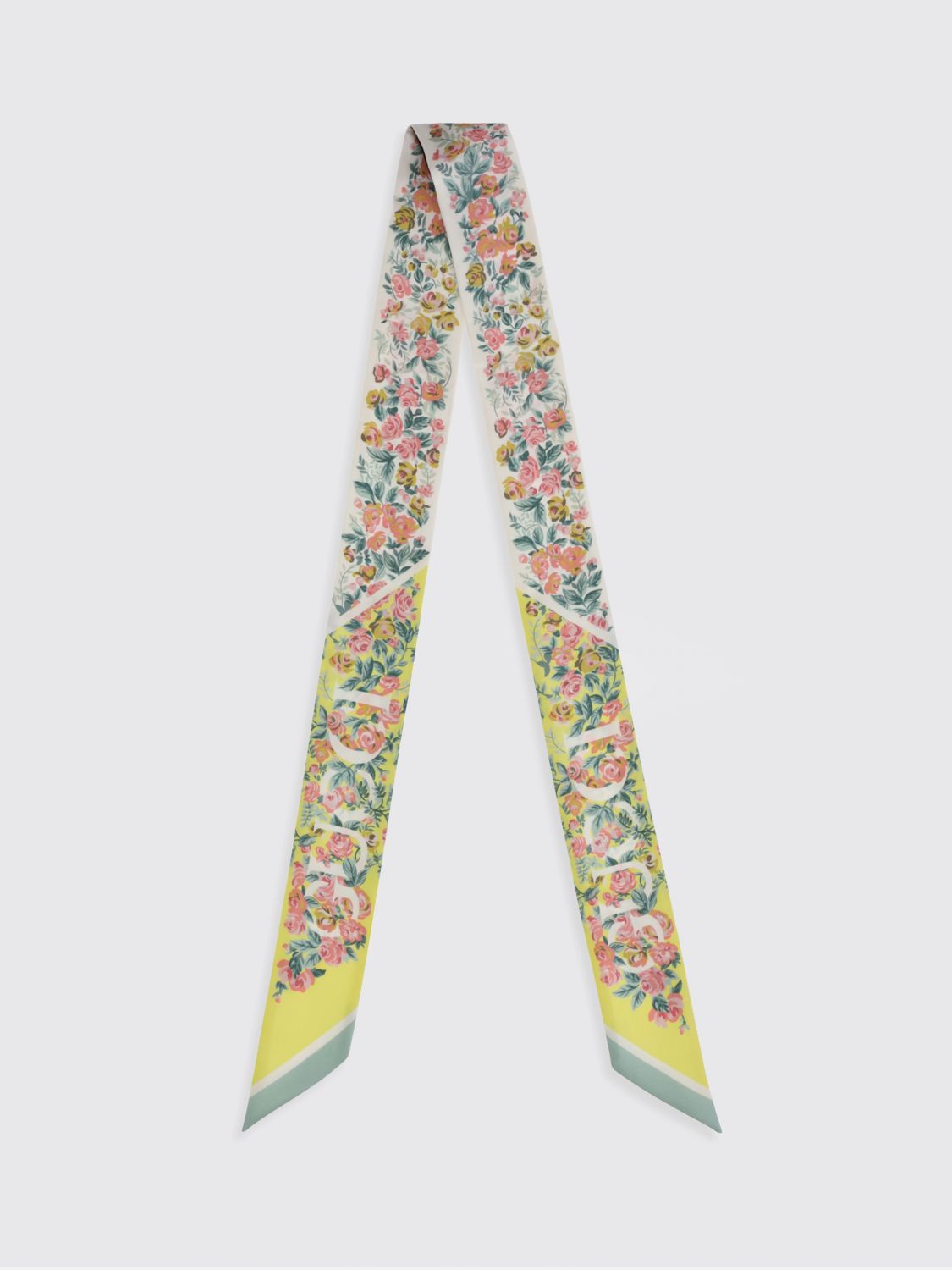 GUCCI FOULARD: Bandeau rettangolare Gucci in pura seta con stampa floreale e logo a contrasto, Verde - Img 1