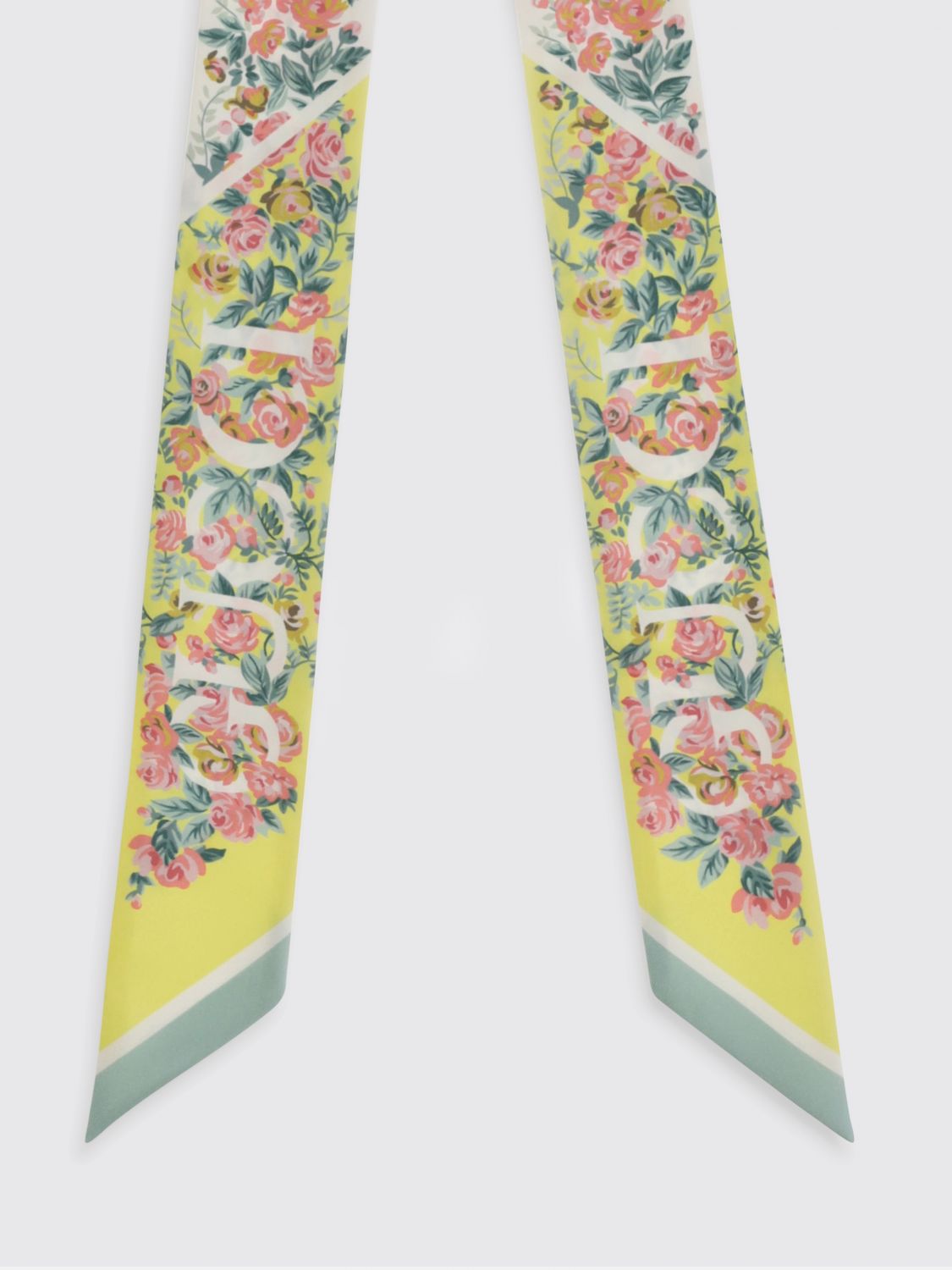 GUCCI FOULARD: Bandeau rettangolare Gucci in pura seta con stampa floreale e logo a contrasto, Verde - Img 2