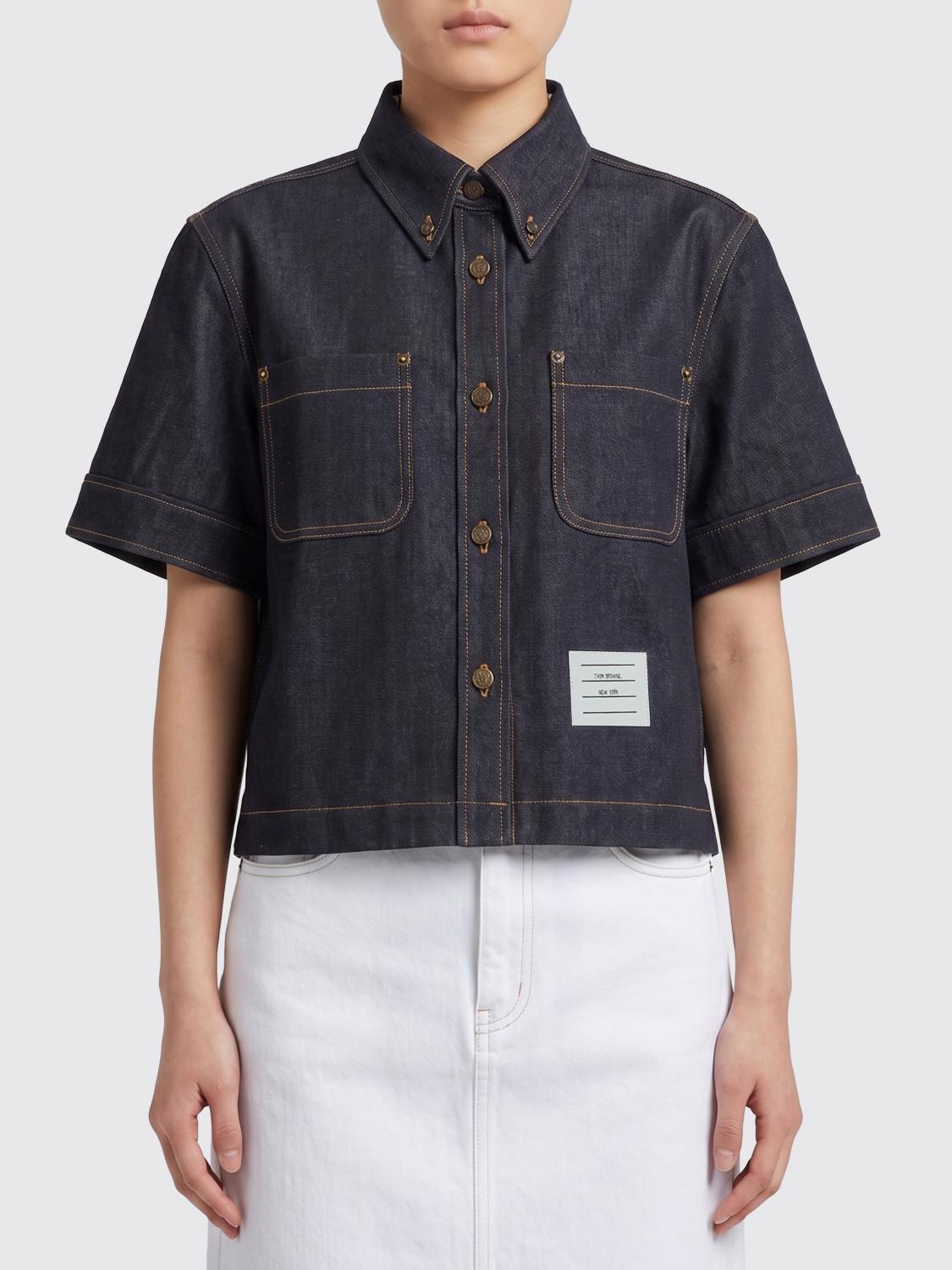 THOM BROWNE CAMICIA: Camicia relaxed fit Thom Browne in denim di cotone con colletto button-down, Blue - Img 1