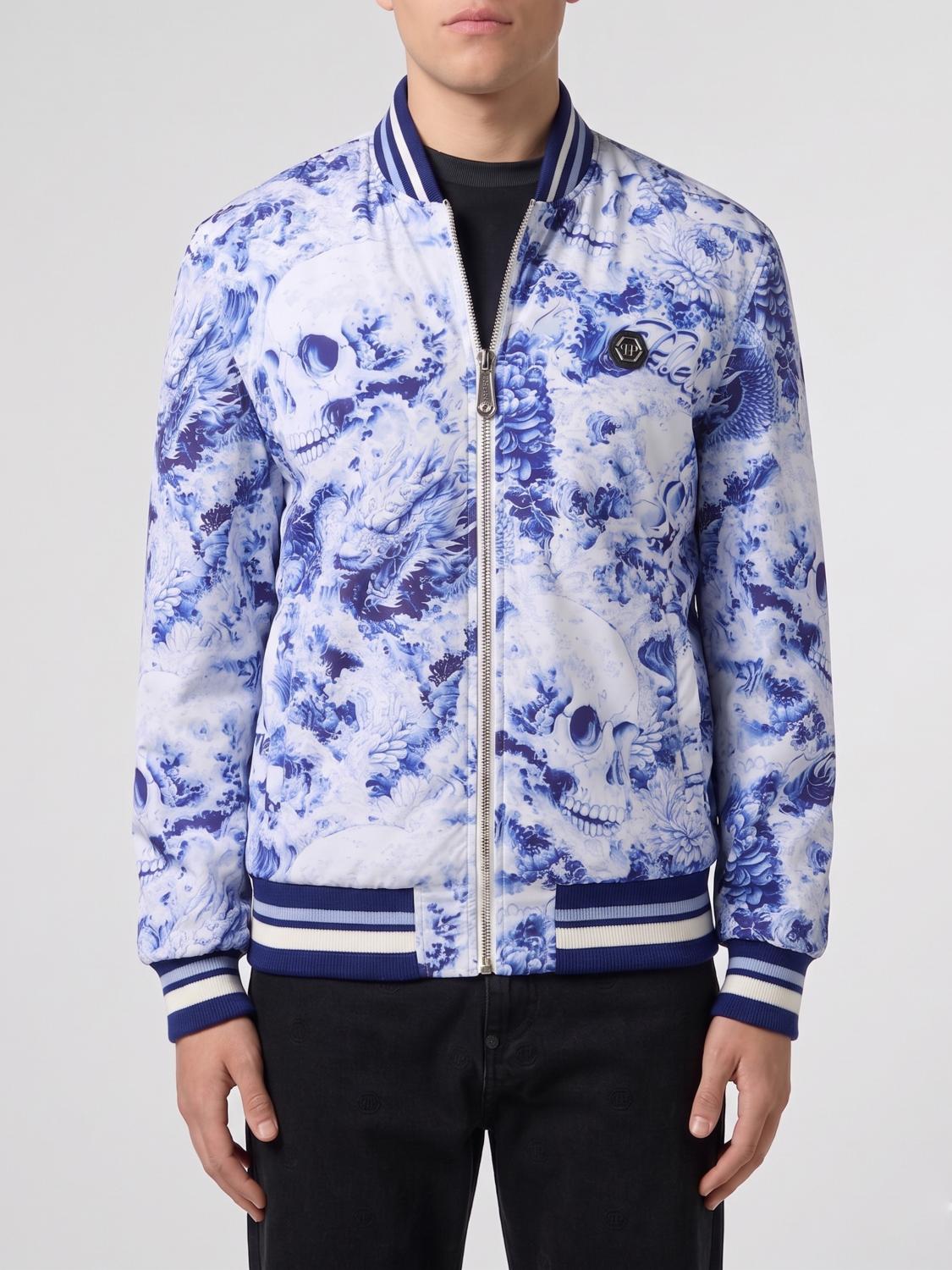 PHILIPP PLEIN 재킷: PHILIPP PLEIN 스컬 프린트 및 헥사곤 로고 폴리에스터 봄버 재킷, 네이비 - Img 1