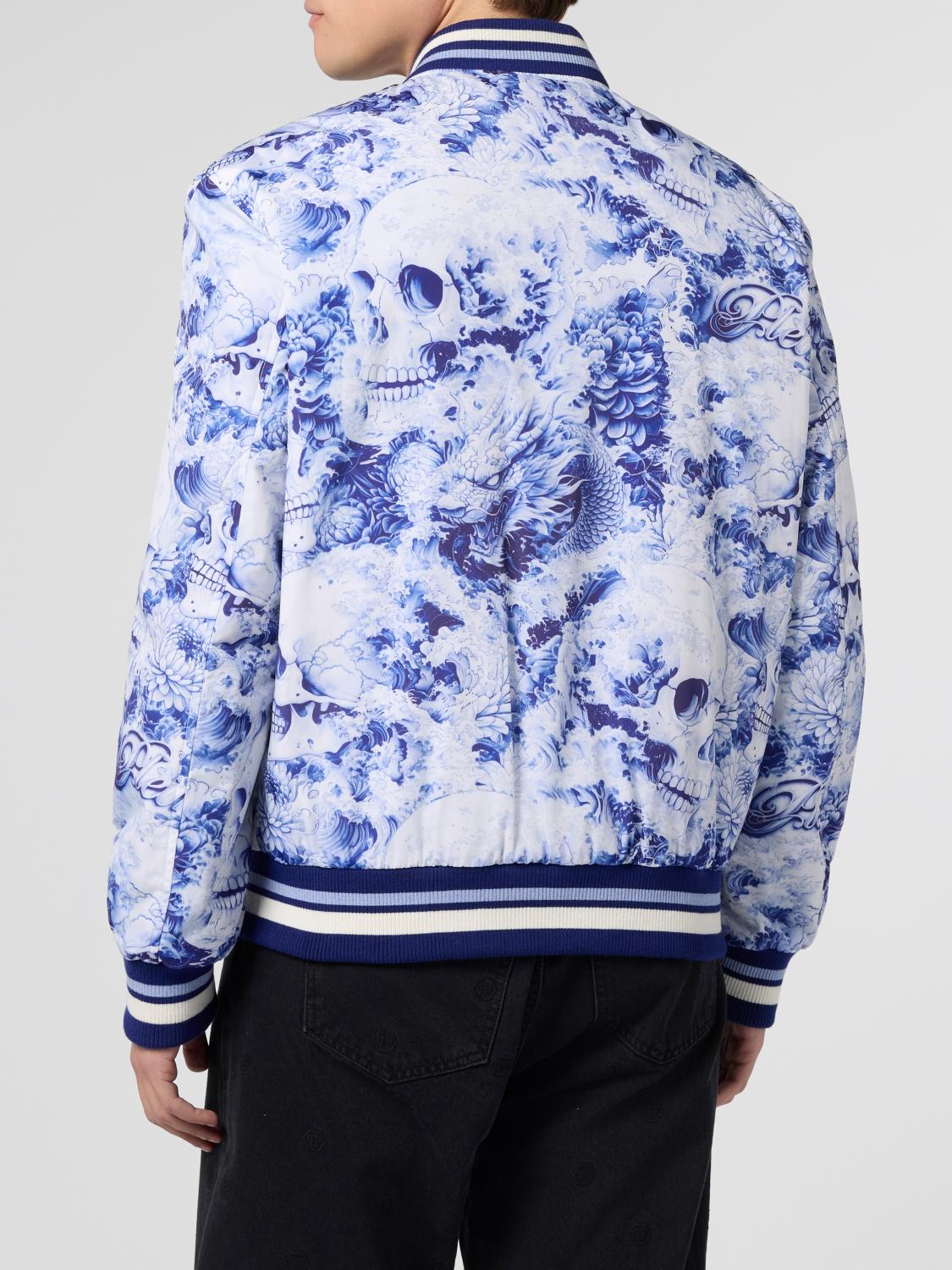 PHILIPP PLEIN 재킷: PHILIPP PLEIN 스컬 프린트 및 헥사곤 로고 폴리에스터 봄버 재킷, 네이비 - Img 2