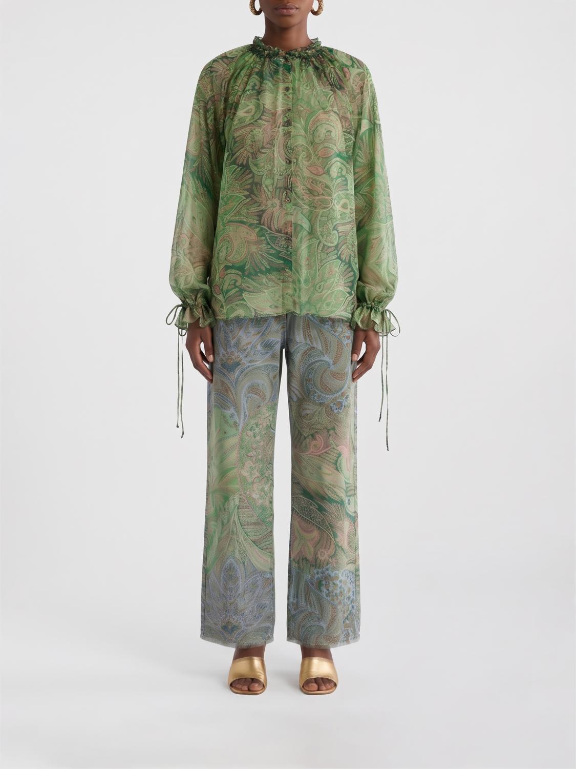 ETRO TOP: Blusa a maniche lunghe Etro in chiffon di seta con stampa Paisley, Verde - Img 1