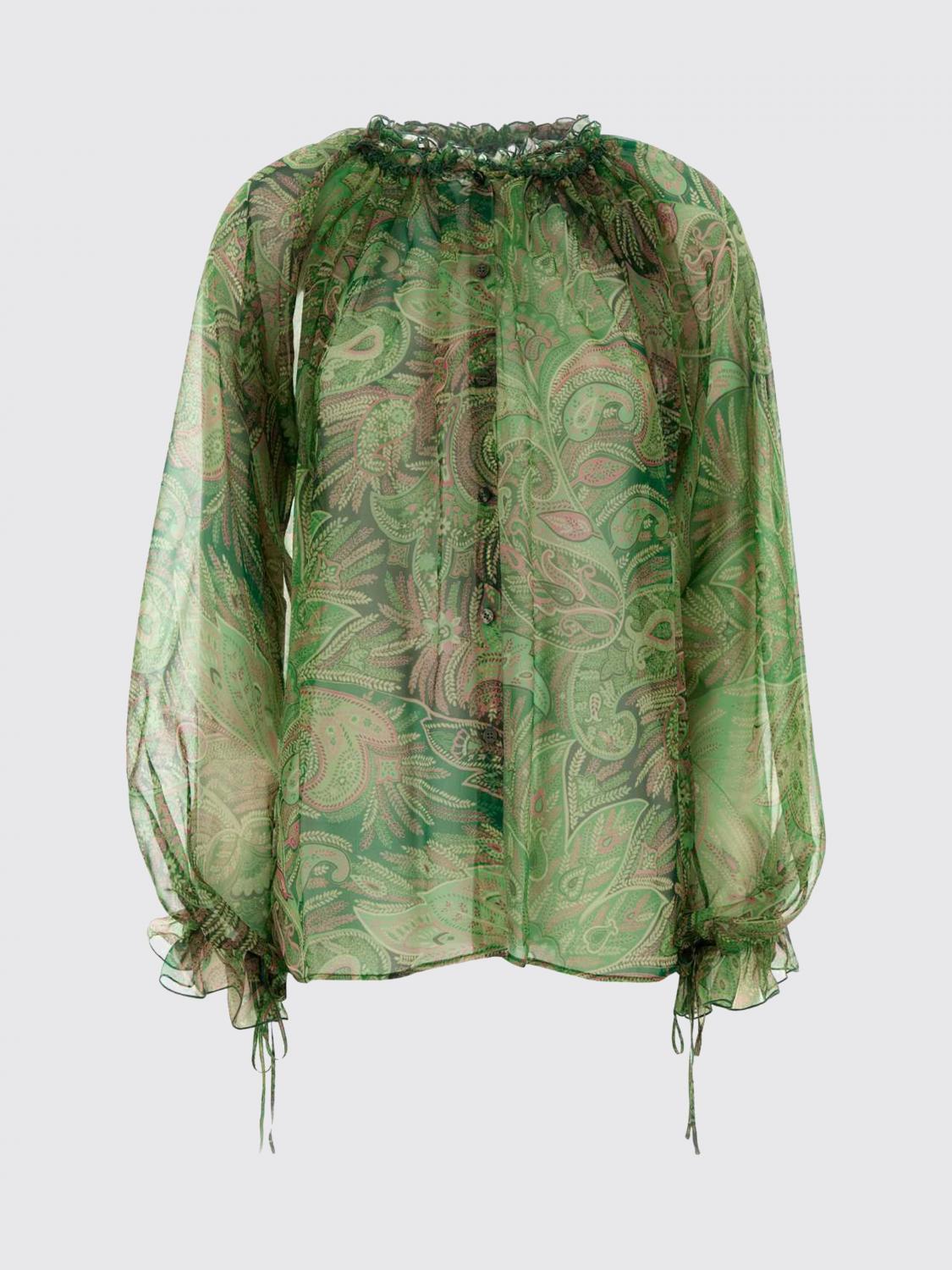 ETRO TOP: Blusa a maniche lunghe Etro in chiffon di seta con stampa Paisley, Verde - Img 2