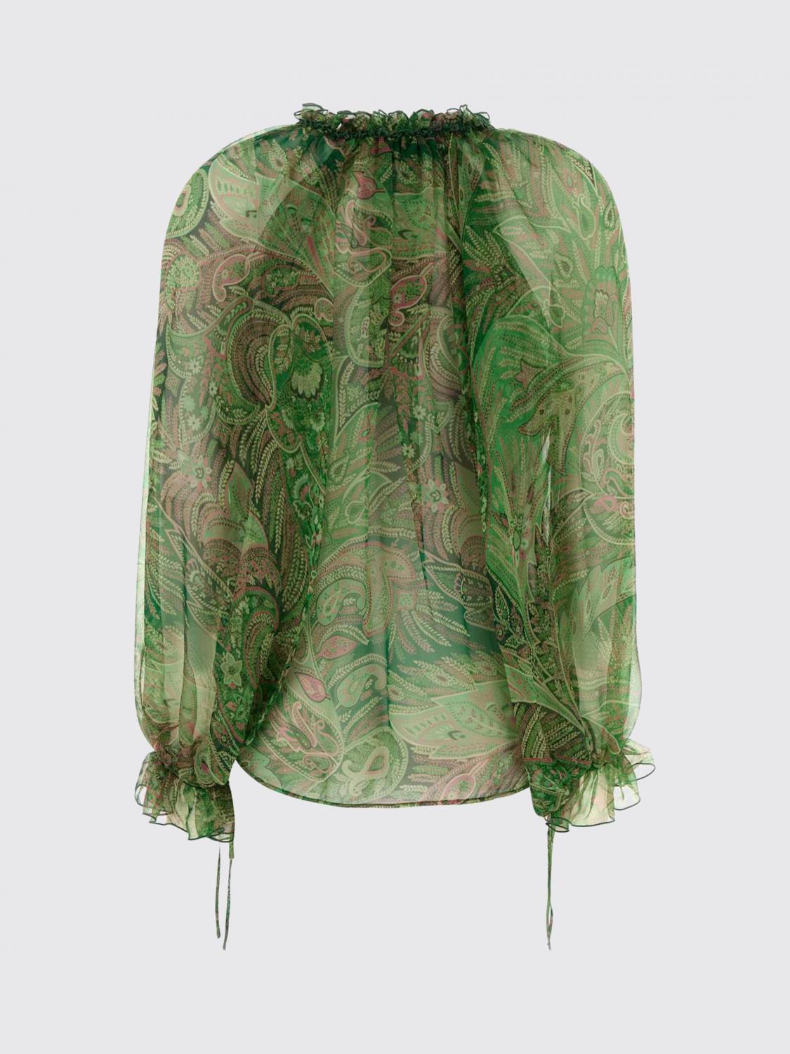ETRO TOP: Blusa a maniche lunghe Etro in chiffon di seta con stampa Paisley, Verde - Img 3