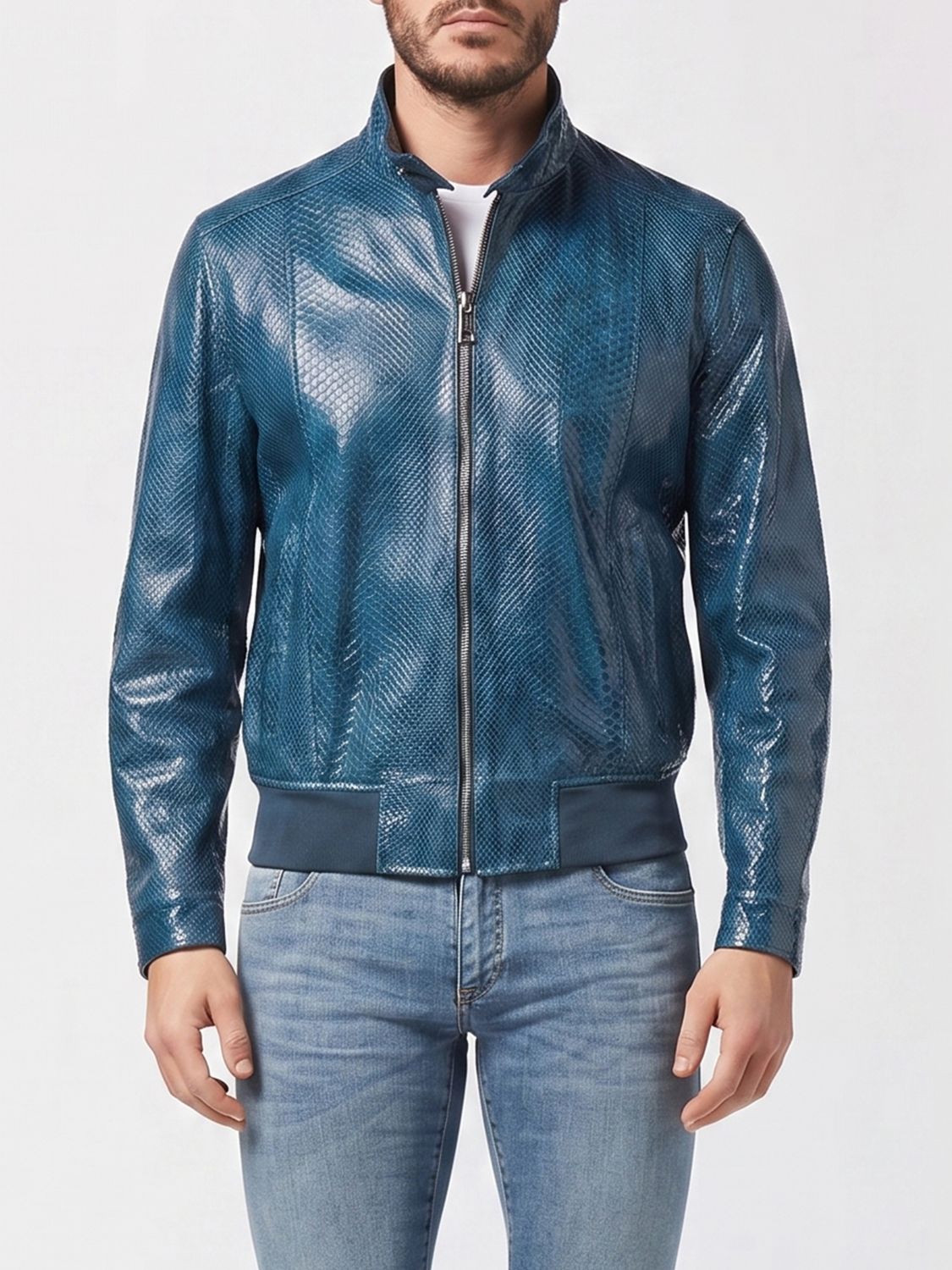 BILLIONAIRE JACKET: Billionaire Snakeskin Leather Bomber Jacket with High Collar and Zip Closure, Turquoise - Img 1