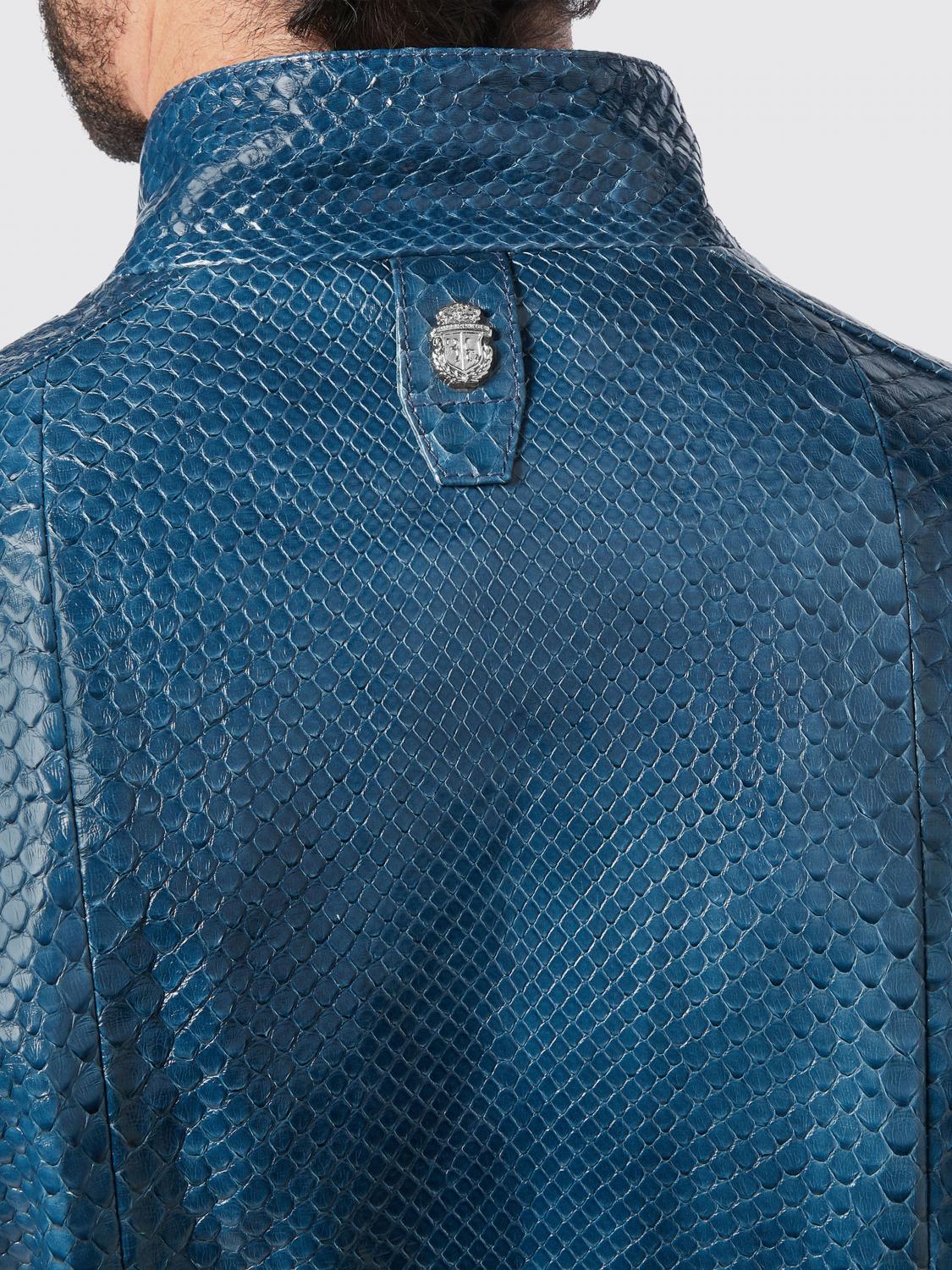 BILLIONAIRE JACKET: Billionaire Snakeskin Leather Bomber Jacket with High Collar and Zip Closure, Turquoise - Img 3