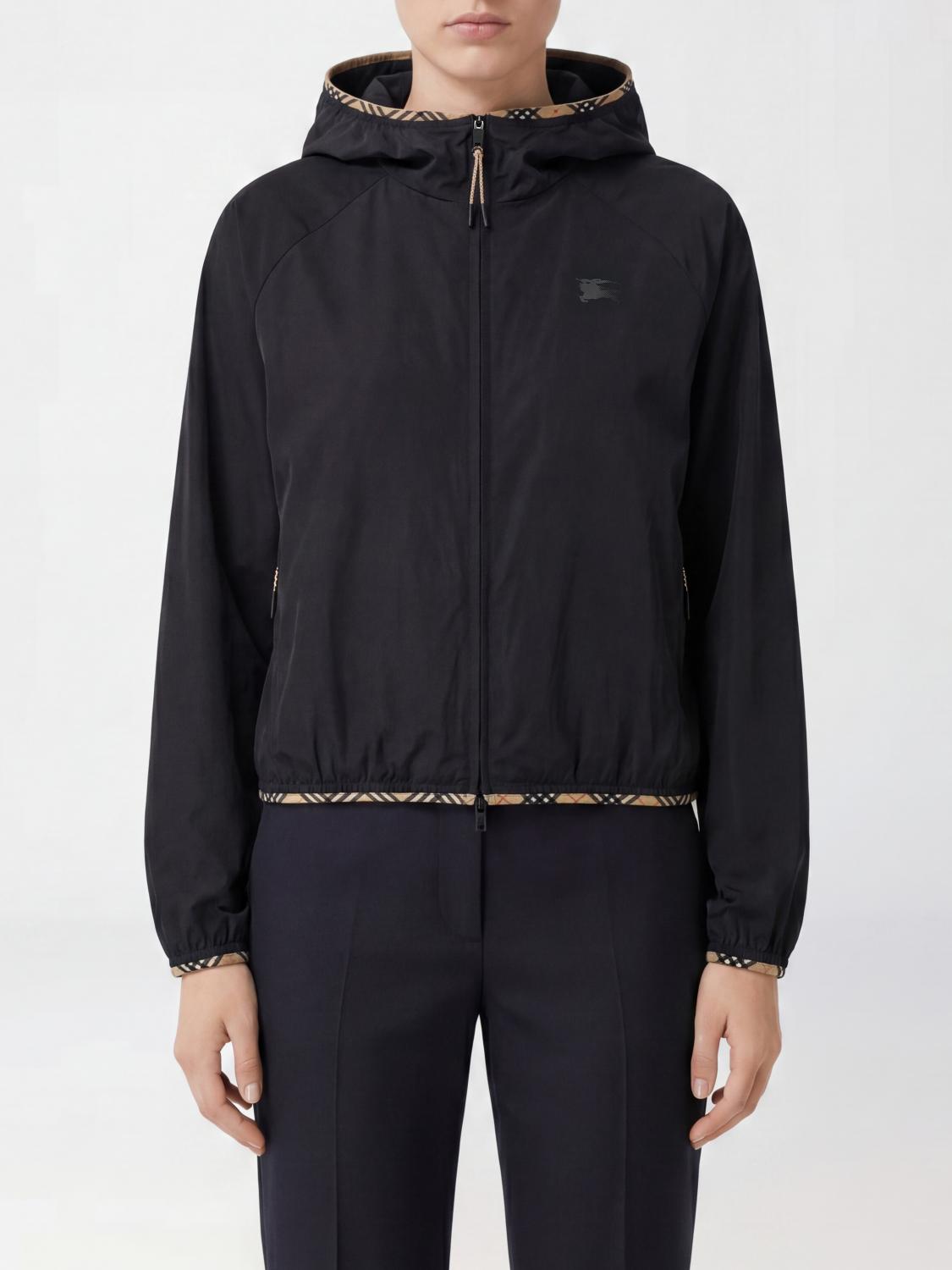 BURBERRY GIACCA: Giacca a vento corta Burberry in nylon con cappuccio e logo Equestrian Knight, Nero - Img 1