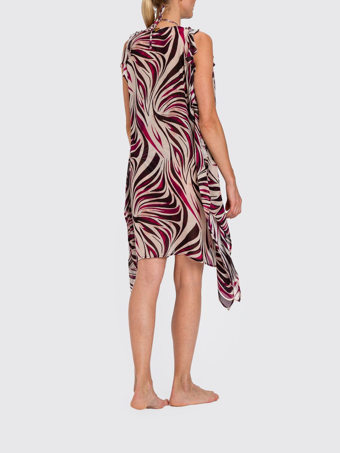 TWINSET U&B ABITO: Caftano mini Twinset U&B in viscosa con stampa astratta e spalle scoperte, Fantasia - Img 3