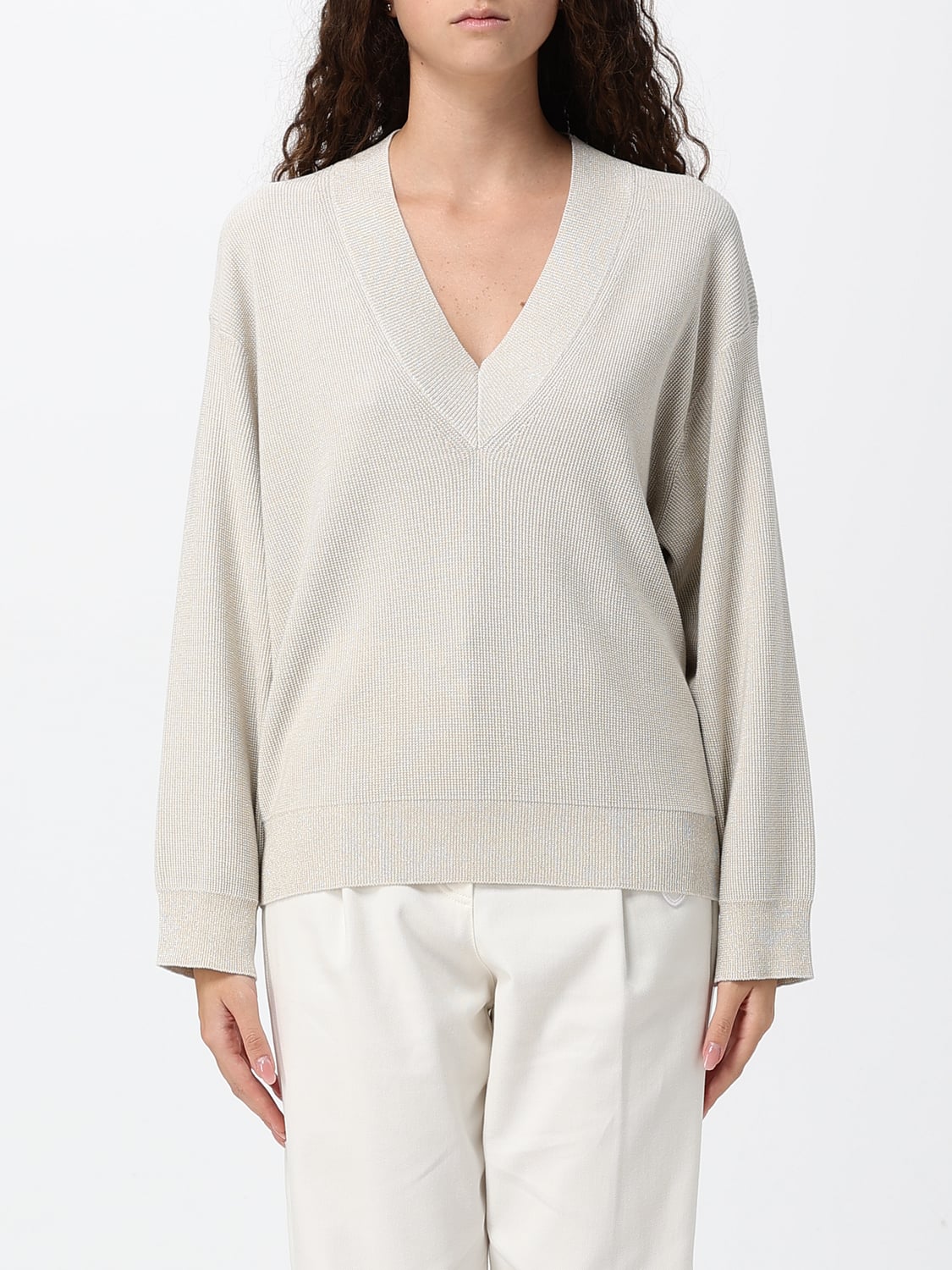 BRUNELLO CUCINELLI PULL: Pull à col en V Brunello Cucinelli en pur cachemire avec bords côtelés, Beige - Img 1