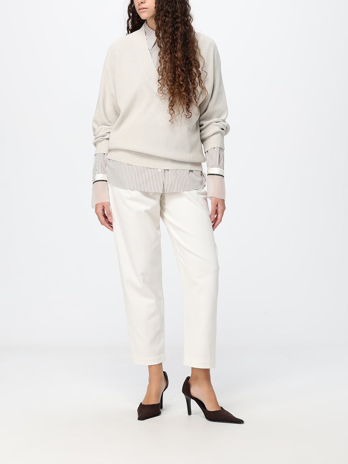BRUNELLO CUCINELLI PULL: Pull à col en V Brunello Cucinelli en pur cachemire avec bords côtelés, Beige - Img 2