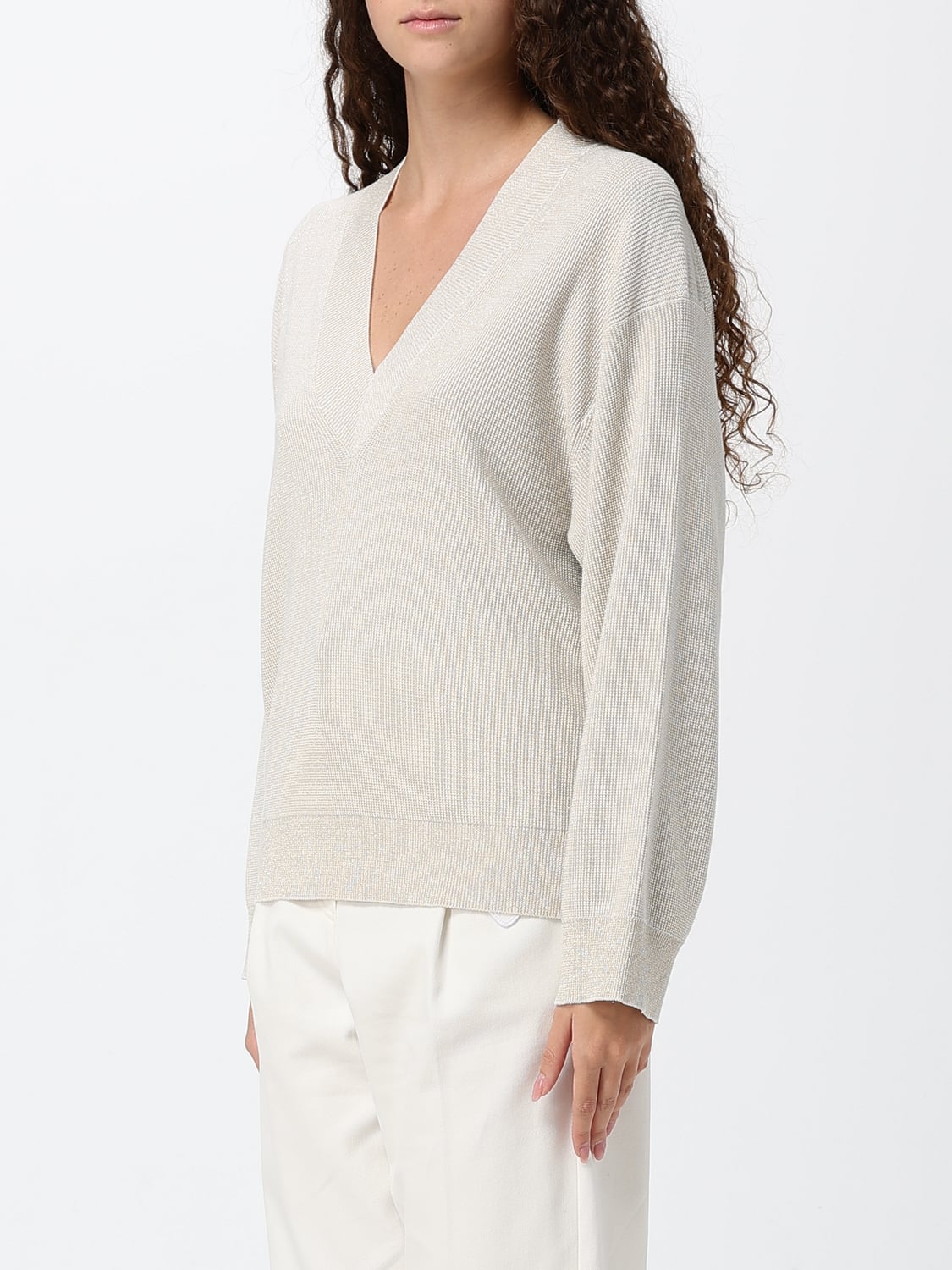 BRUNELLO CUCINELLI PULL: Pull à col en V Brunello Cucinelli en pur cachemire avec bords côtelés, Beige - Img 4