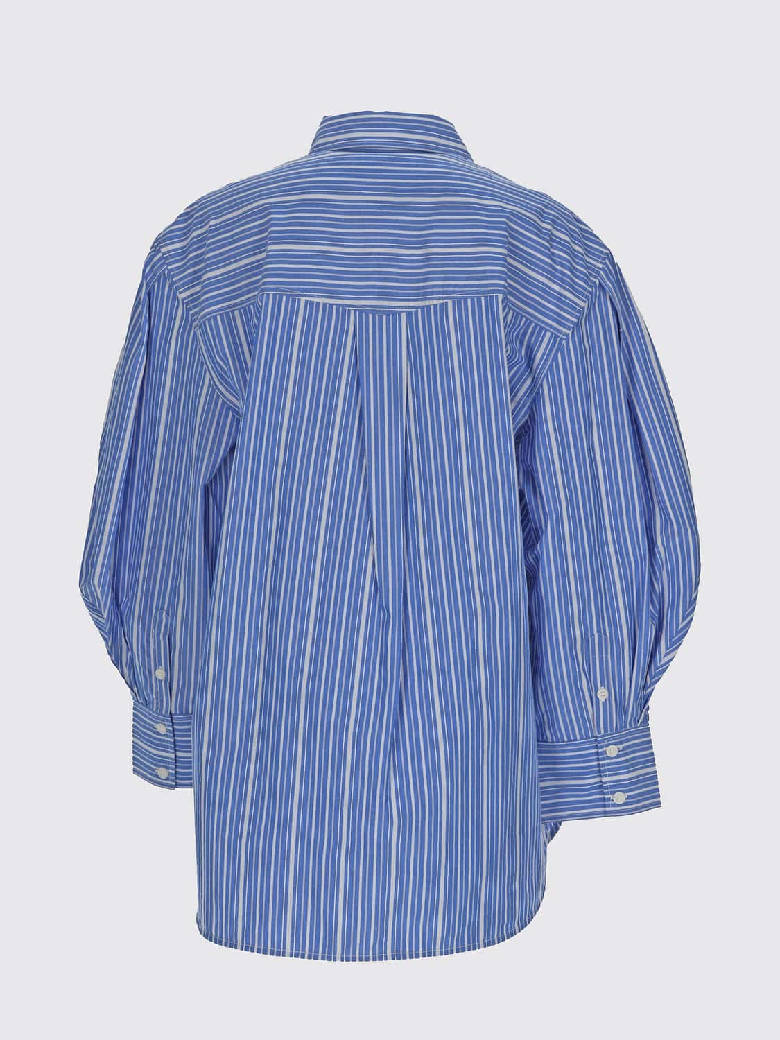 GANNI HEMDBLUSE: Ganni Gestreiftes Baumwollhemd mit Ballonärmeln und klassischem Kragen, Blau - Img 3