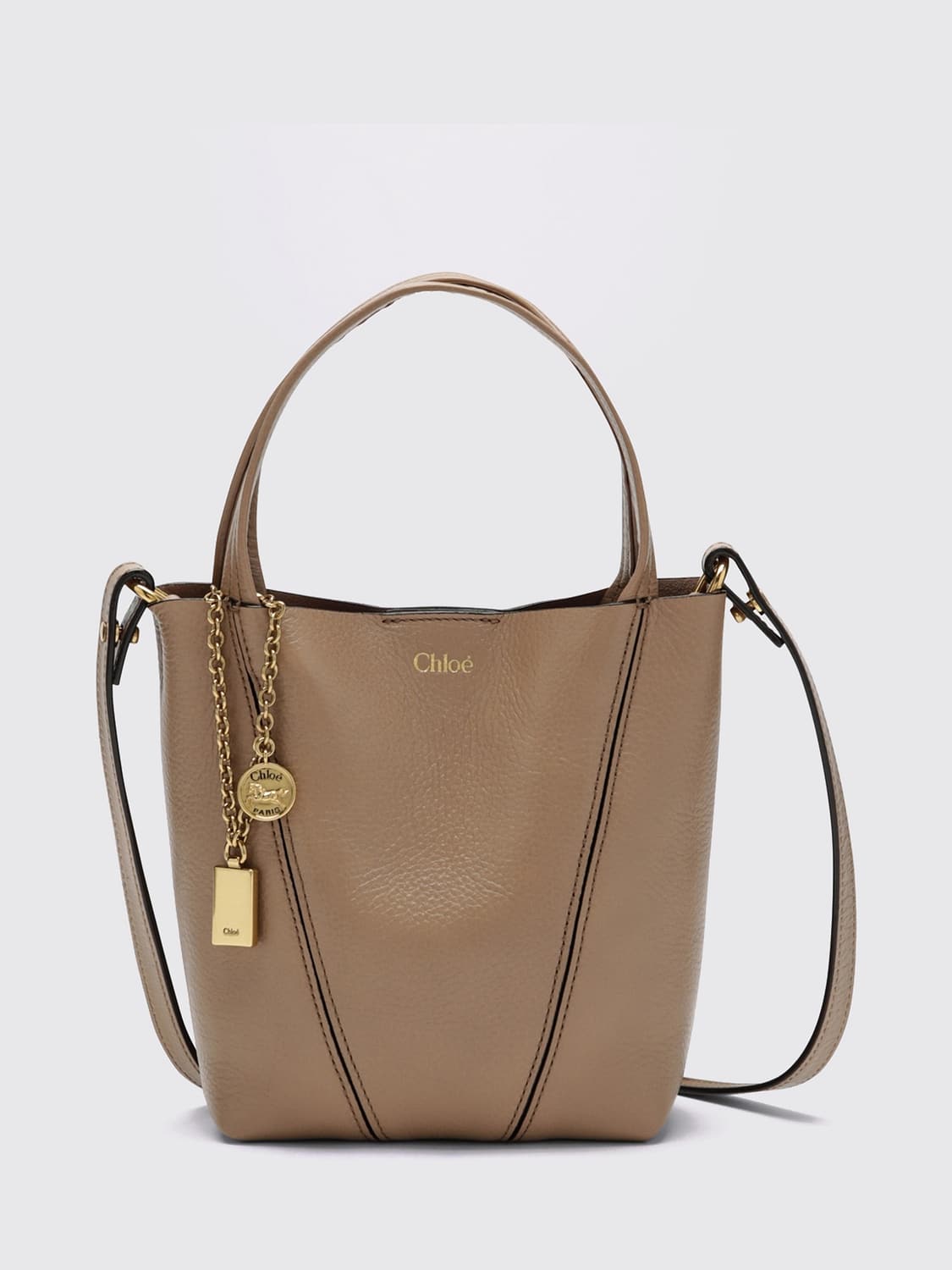 CHLOÉ BORSA MINI: Borsa a mano mini Spin Chloé in pelle di vitello a grana con anello, Rosa - Img 1