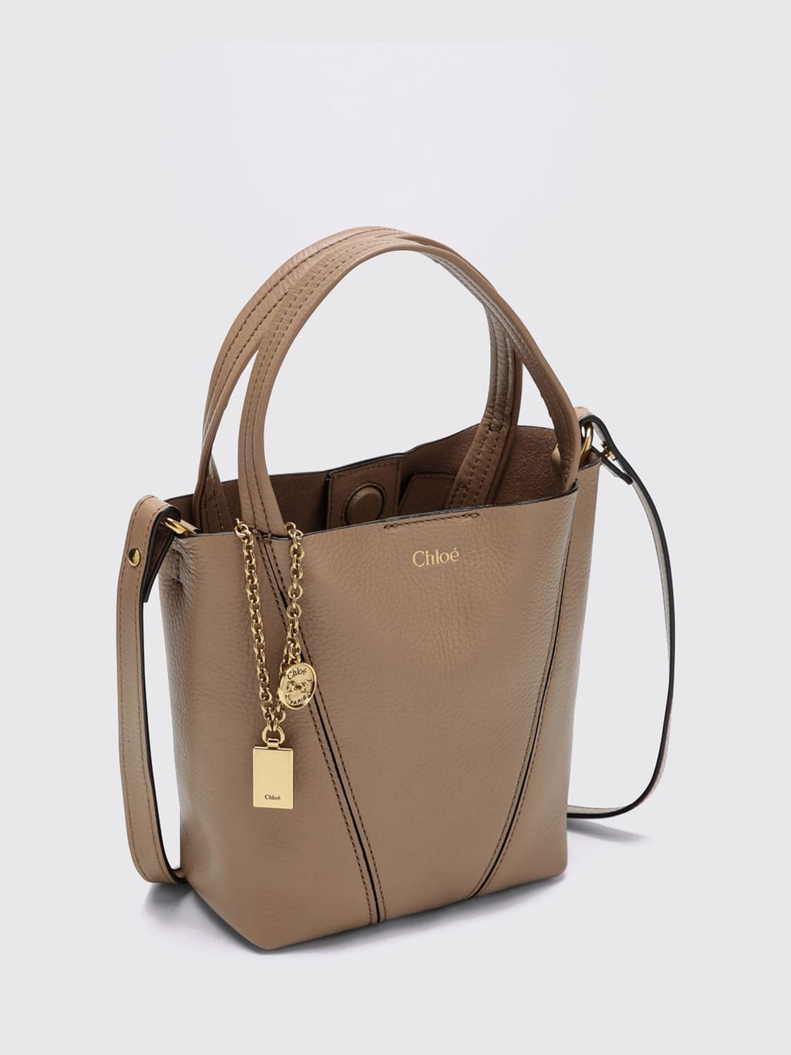 CHLOÉ BORSA MINI: Borsa a mano mini Spin Chloé in pelle di vitello a grana con anello, Rosa - Img 3