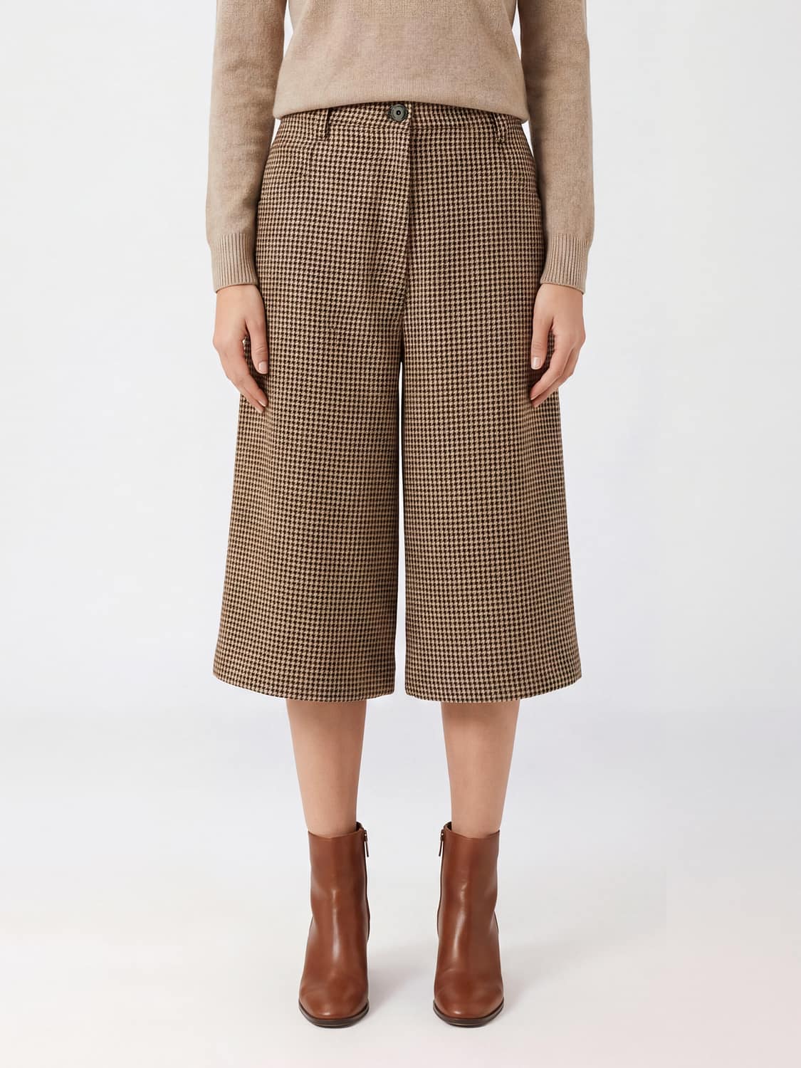BRUNELLO CUCINELLI PANTALONES CORTOS: Pantalones cortos Brunello Cucinelli hasta la rodilla en mezcla de lana con motivo de pata de gallo, Marrón - Img 1