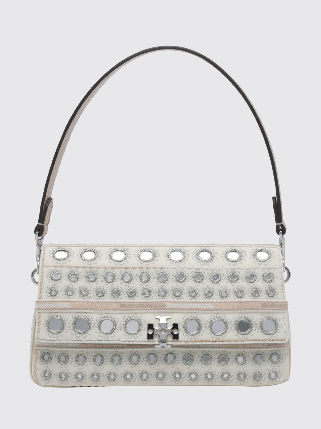 TORY BURCH BORSA MINI: Mini borsa a spalla Charlie Tory Burch in pelle e cotone con ricami e logo, Avorio - Img 1