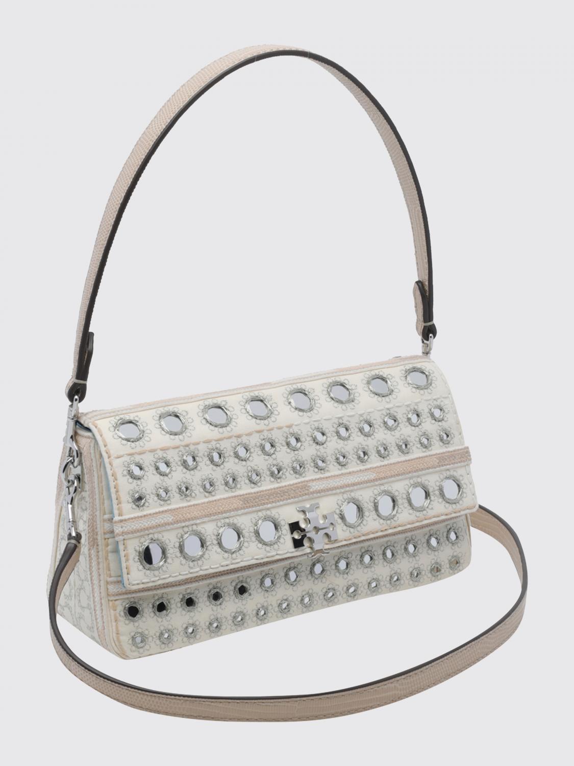 TORY BURCH BORSA MINI: Mini borsa a spalla Charlie Tory Burch in pelle e cotone con ricami e logo, Avorio - Img 3