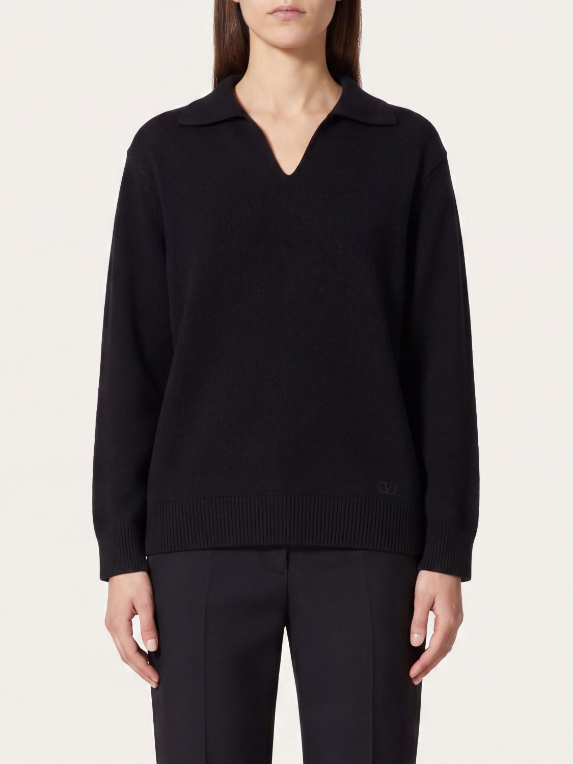 VALENTINO POLO: Polo en maille à manches longues Valentino en pur cachemire avec col V, Noir - Img 1