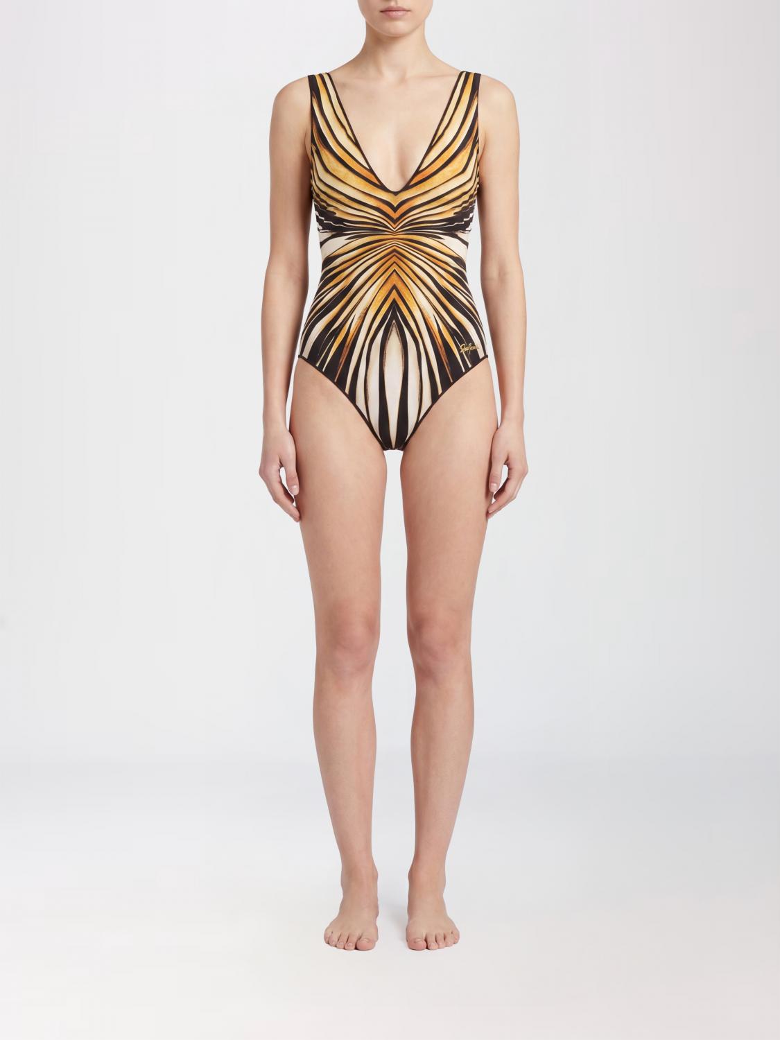 ROBERTO CAVALLI COSTUME: Costume intero Roberto Cavalli in tessuto tecnico con stampa astratta e scollo a V, Giallo - Img 1