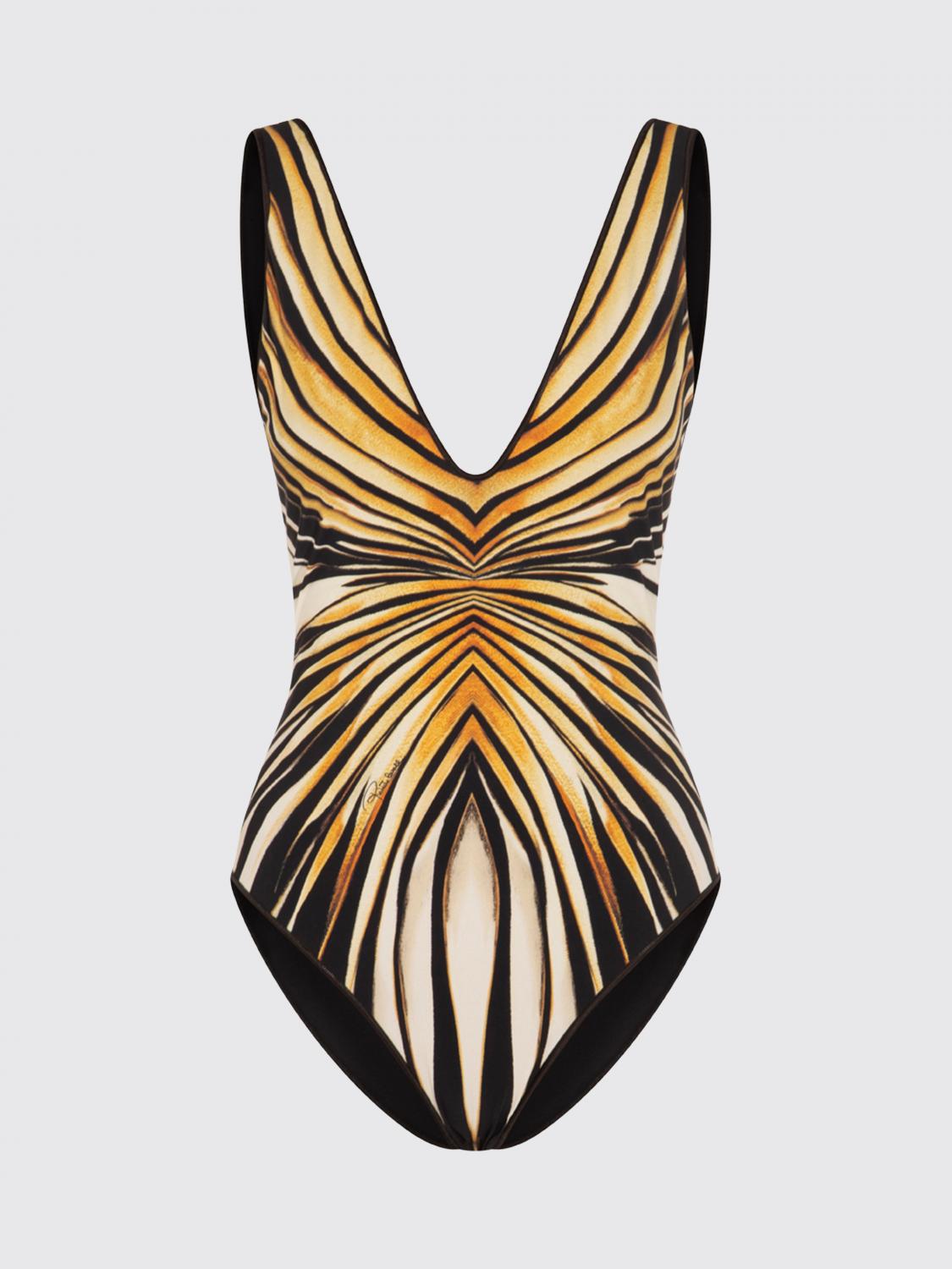 ROBERTO CAVALLI COSTUME: Costume intero Roberto Cavalli in tessuto tecnico con stampa astratta e scollo a V, Giallo - Img 2
