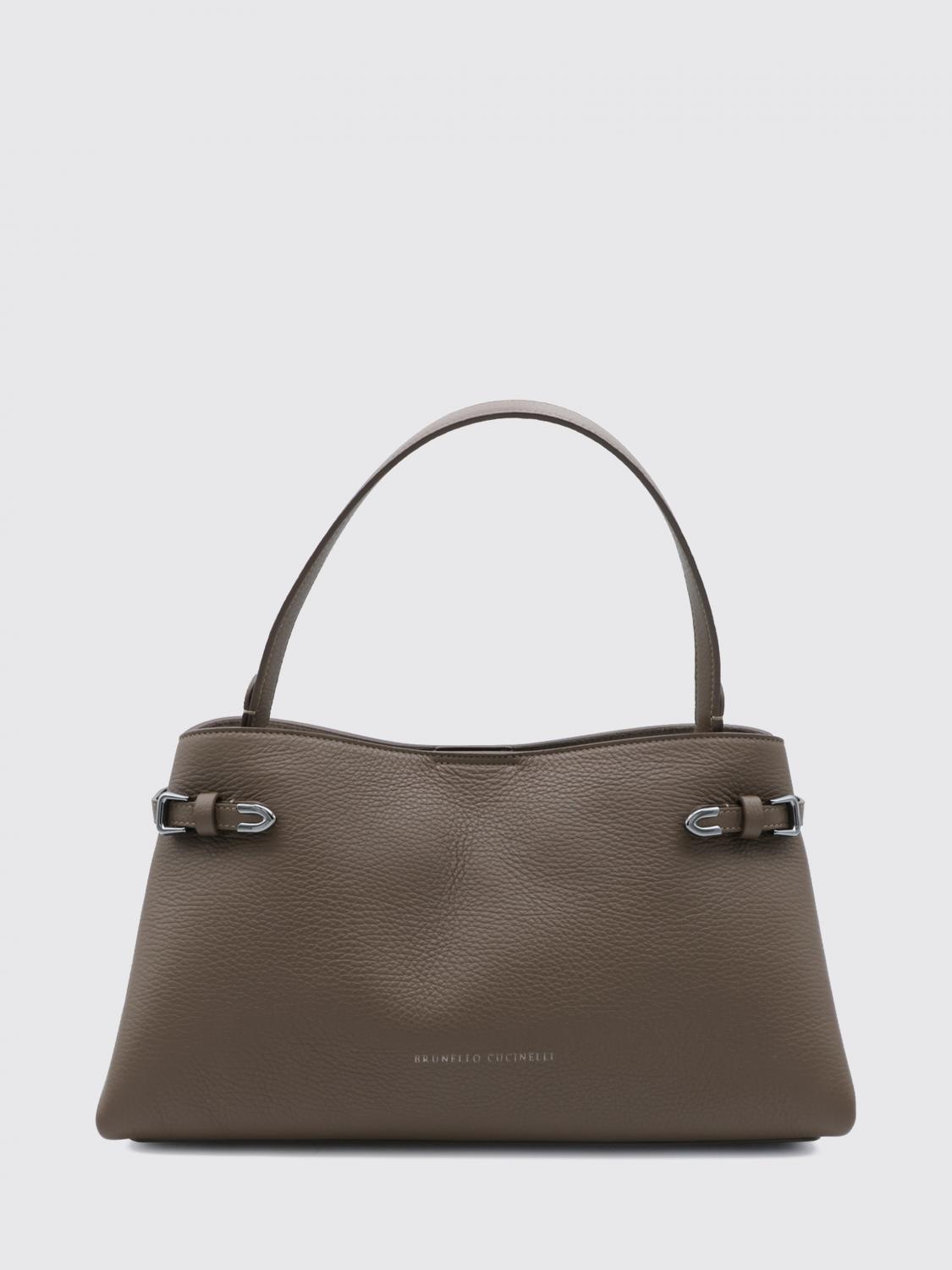 BRUNELLO CUCINELLI BORSA A SPALLA: Borsa a spalla Brunello Cucinelli in pelle con manico piatto e chiusura magnetica, Fango - Img 1