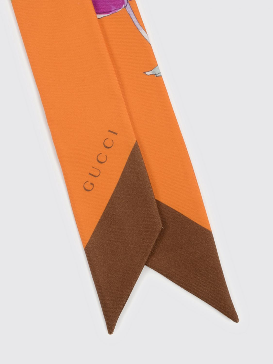 GUCCI FOULARD: Bandeau Gucci in seta con stampa floreale e logo a contrasto, Arancione - Img 2