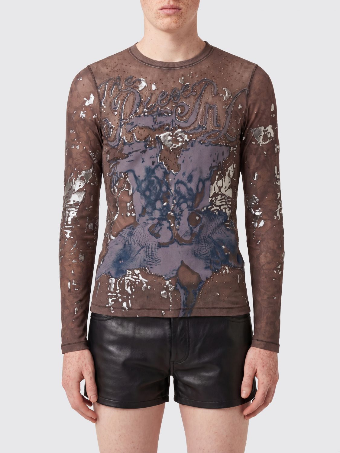 DIESEL CAMISETA: Camiseta de manga larga y corte slim Diesel de algodón elástico con strass, Marrón - Img 1