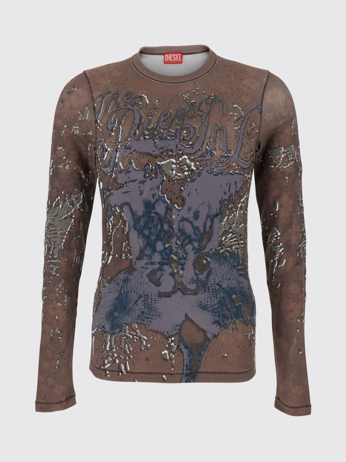 DIESEL CAMISETA: Camiseta de manga larga y corte slim Diesel de algodón elástico con strass, Marrón - Img 2