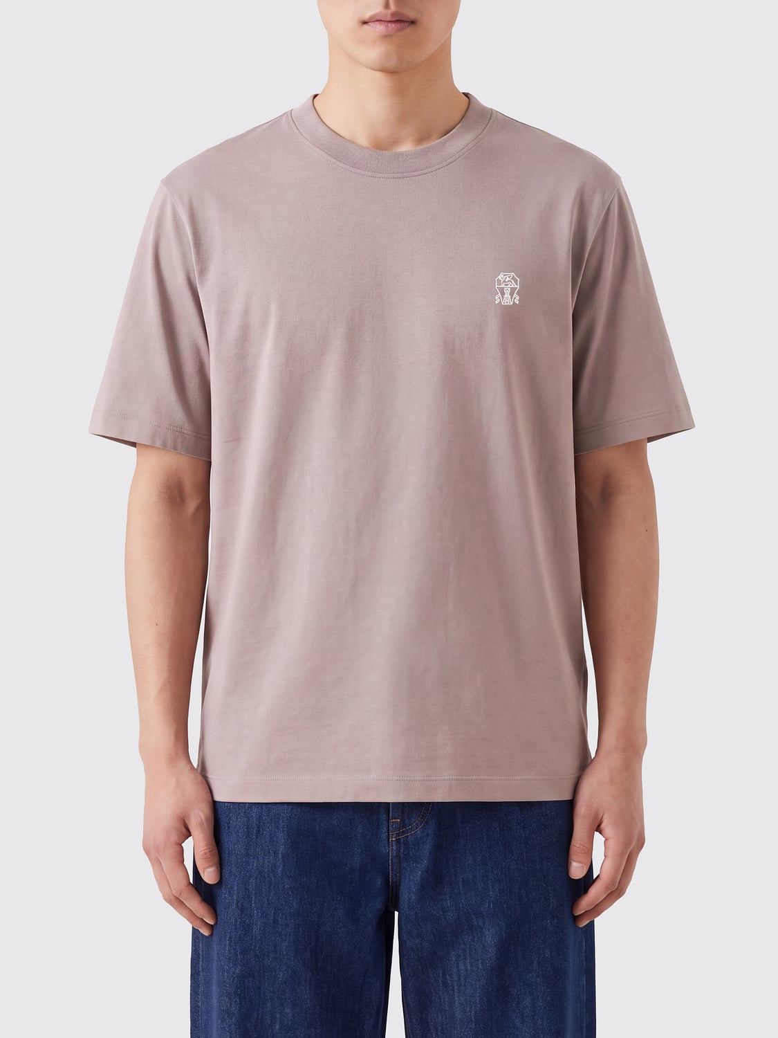 BRUNELLO CUCINELLI T-SHIRT: Brunello Cucinelli Baumwoll-T-Shirt mit Rundhalsausschnitt und Kontrastlogo, Weiss 1 - Img 1