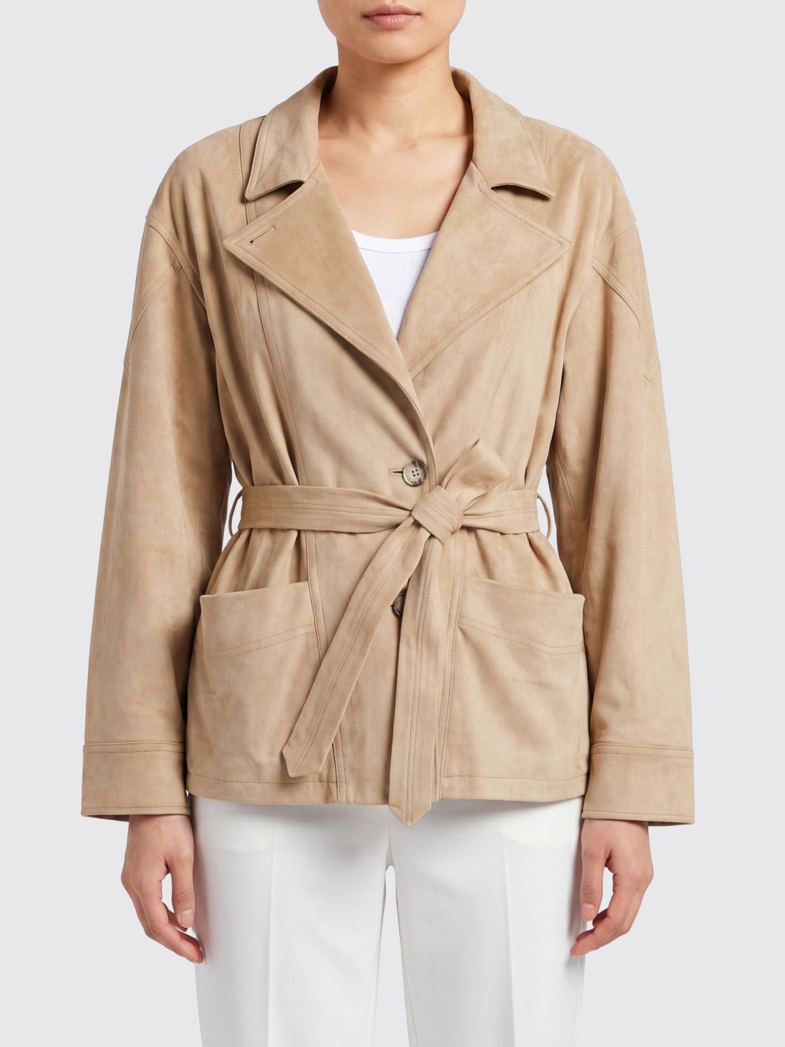 URBANCODE GIACCA: Blazer corto Urbancode modello vestaglia in similpelle scamosciata con cintura, Marrone - Img 1