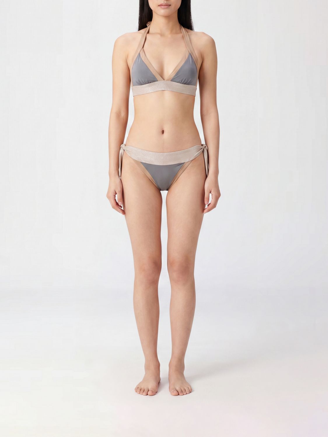 IV.AM BAÑADOR: Bikini de triángulo Libby IV.AM con estampado de rayas bicolor y cierre de lazo, Gris - Img 1
