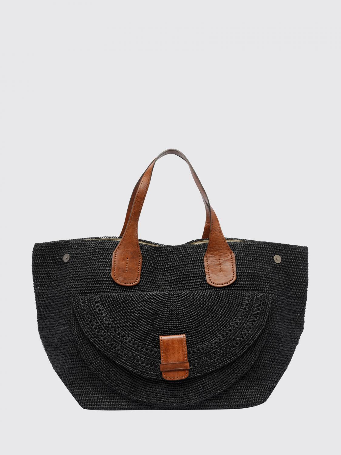 IBELIV BORSA TOTE: Borsa tote grande Laza II Ibeliv in rafia con doppi manici in pelle, Nero - Img 1