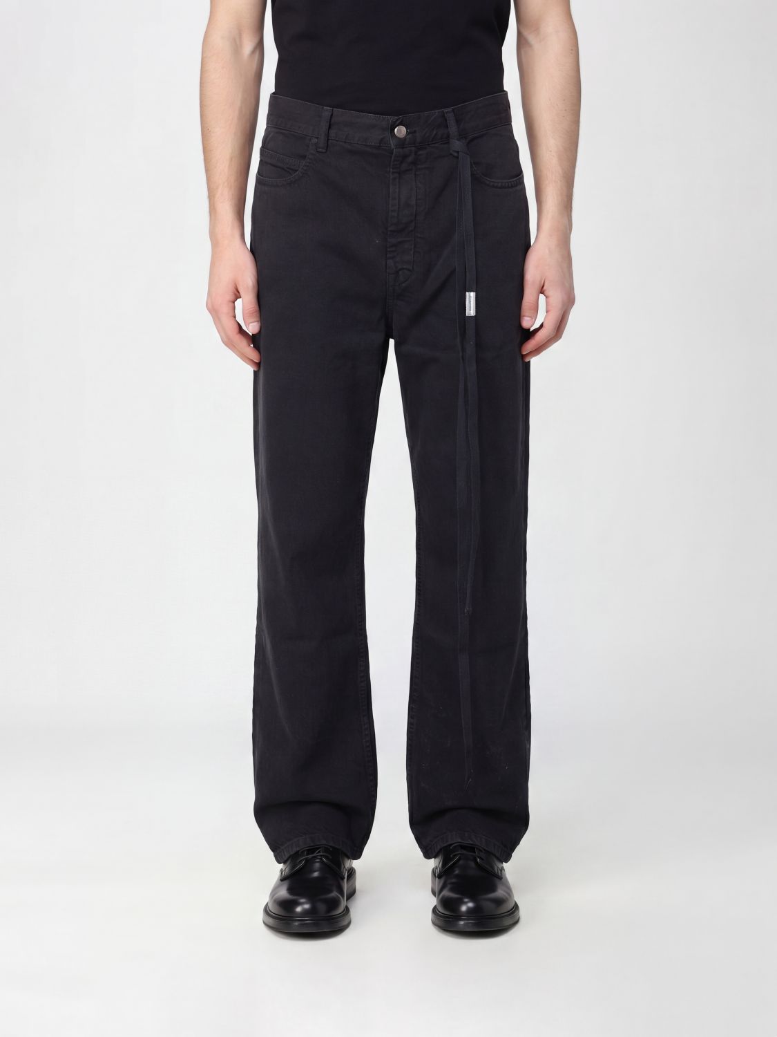 ANN DEMEULEMEESTER JEANS: Vaqueros Michael Ann Demeulemeester de denim elástico y pernera recta, Negro - Img 1