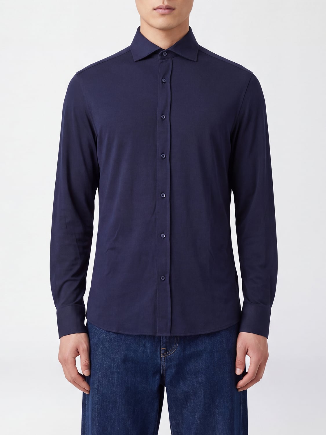 BRUNELLO CUCINELLI CAMICIA: Camicia slim fit Brunello Cucinelli in cotone e seta con collo francese, Cobalto - Img 1