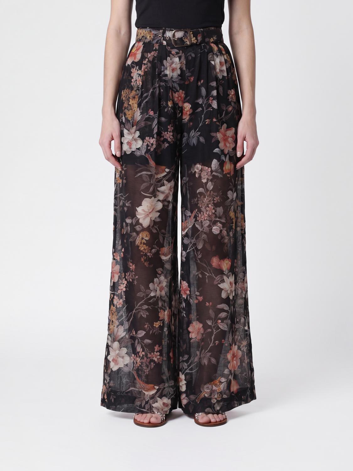 ZIMMERMANN PANTALONI: Pantaloni wide leg Zimmermann in lino e seta con stampa floreale e vita alta, Nero - Img 1