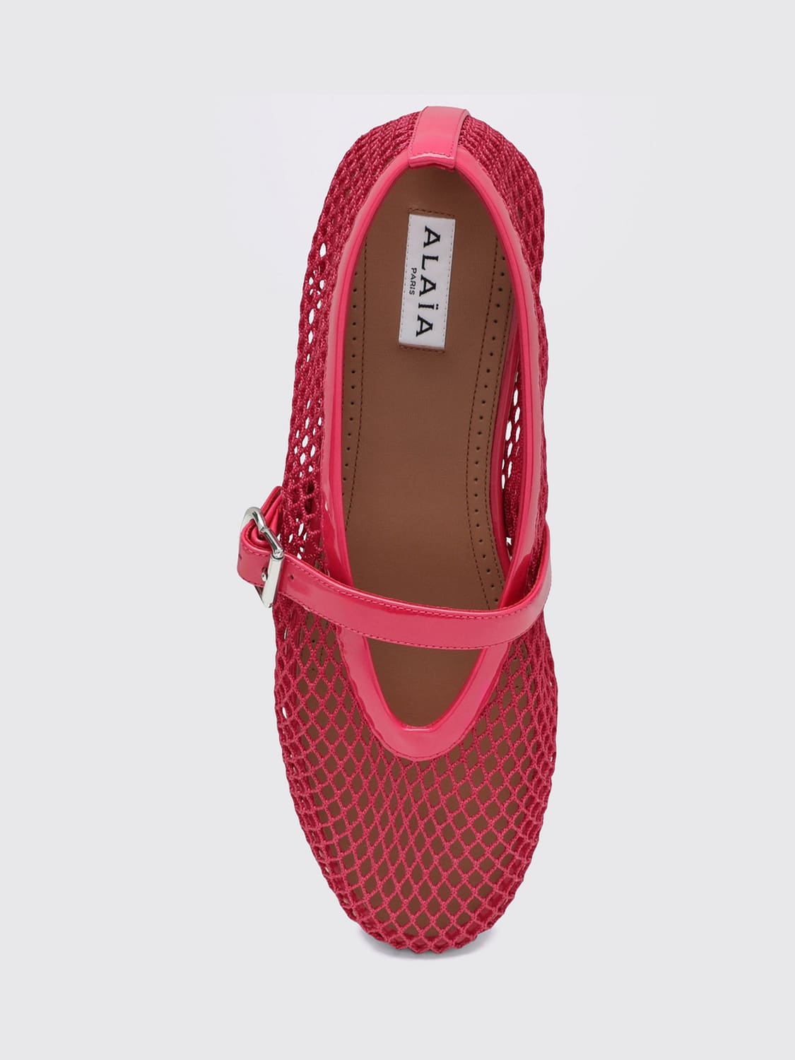 ALAÏA MANOLETINAS: Bailarinas Mary Jane Alaïa en malla de nailon y piel de charol con tira, Fucsia - Img 4