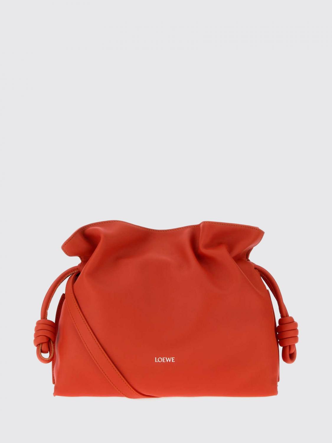 LOEWE BORSA A TRACOLLA: Borsa a secchiello Flamenco Loewe media in pelle di vitello con coulisse, Arancione - Img 1